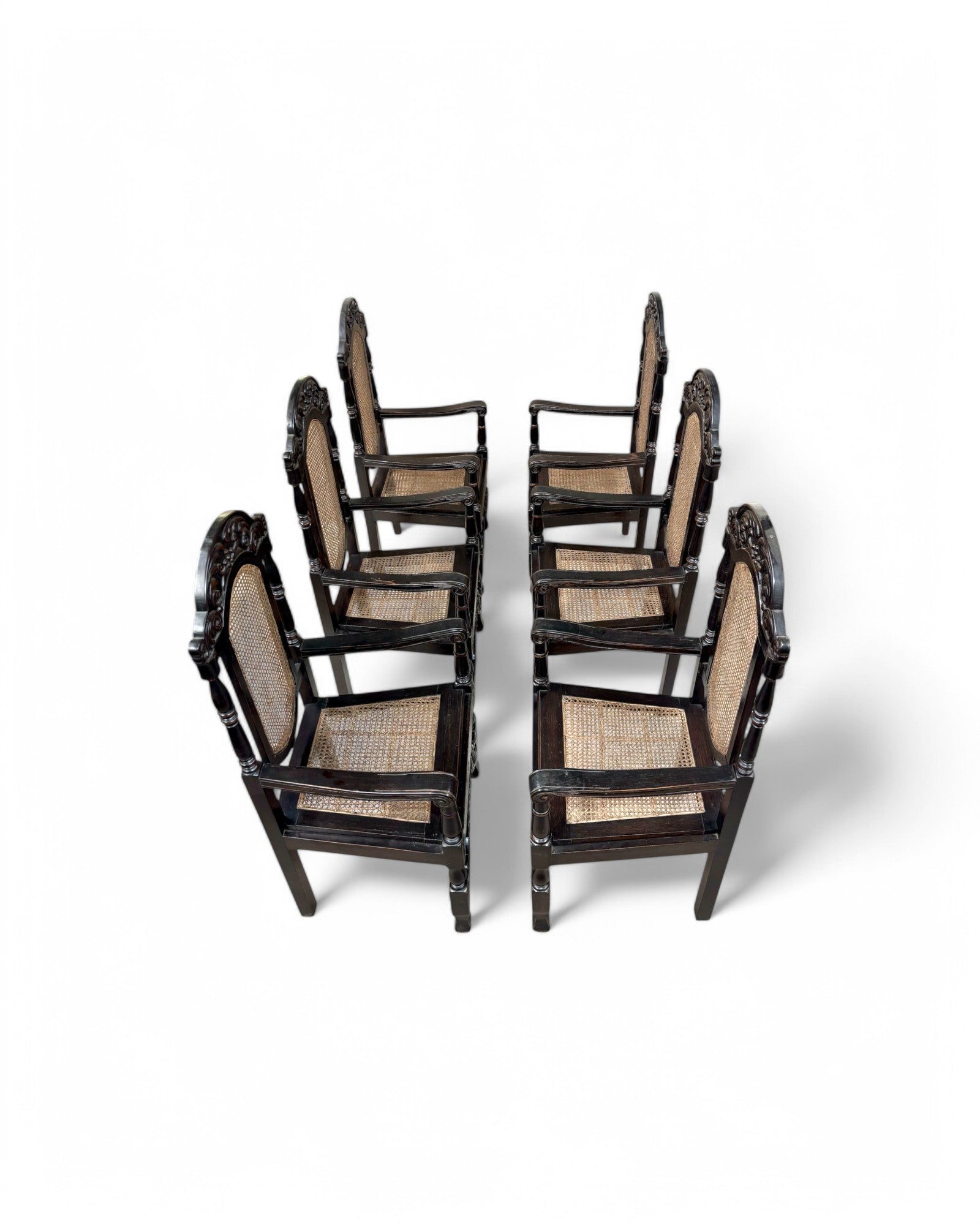 Grand Renaissance Hand Carved Oak & Caned Armchairs - Set of 6