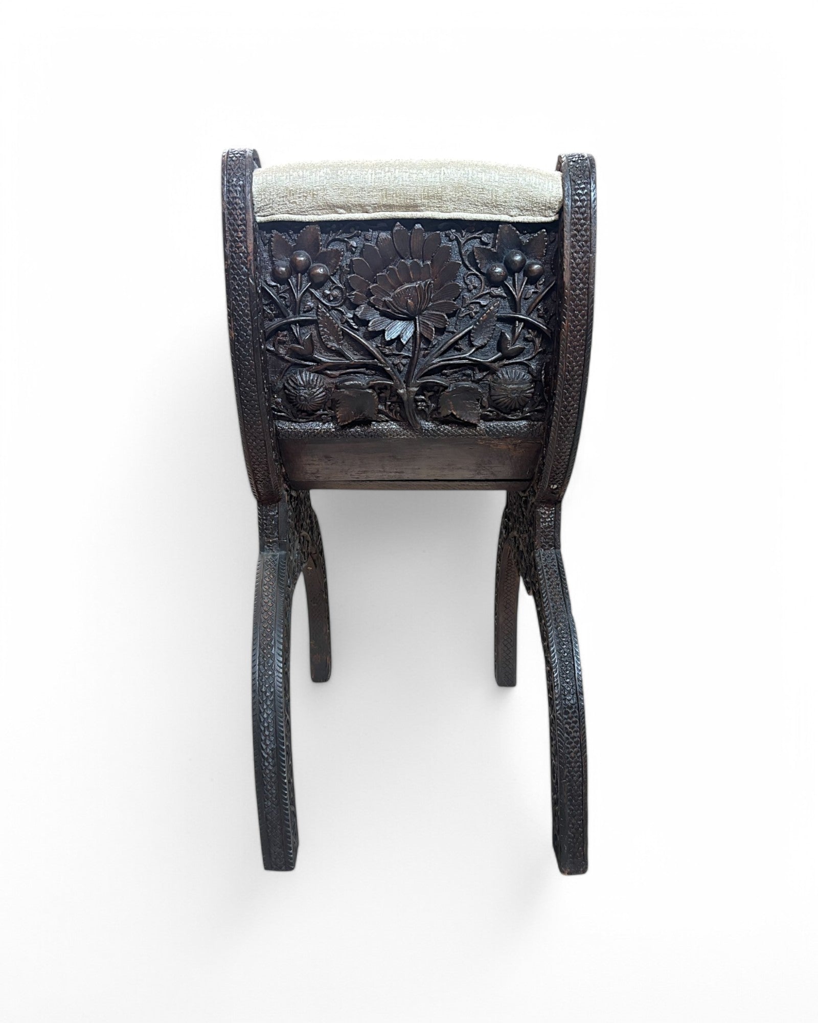 Anglo-Indian Teak Carved Window Seat with Cream Reupholstered Cushioning