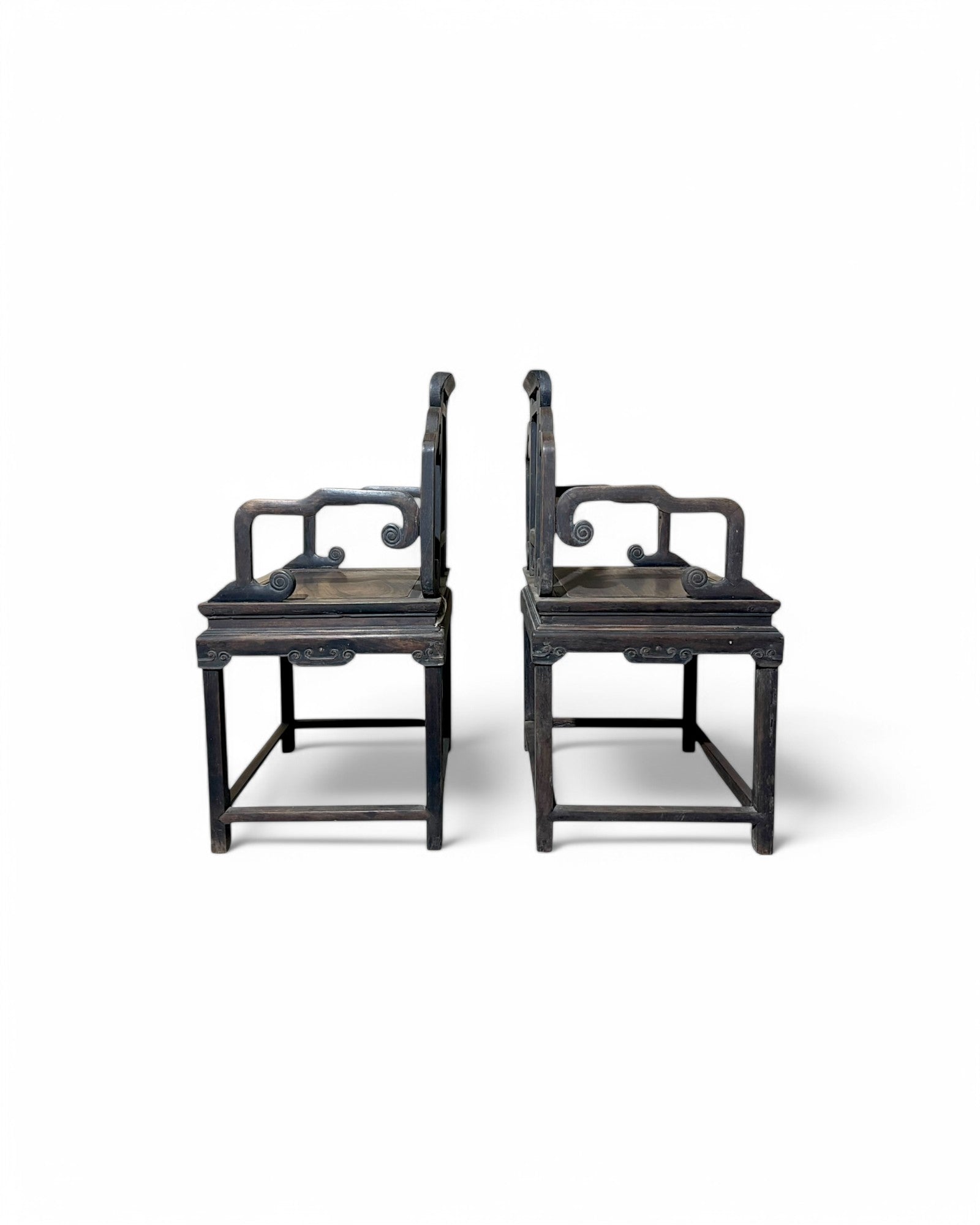 19th Century Rosewood Oriental Curved Chinese Armchairs - Set of 2