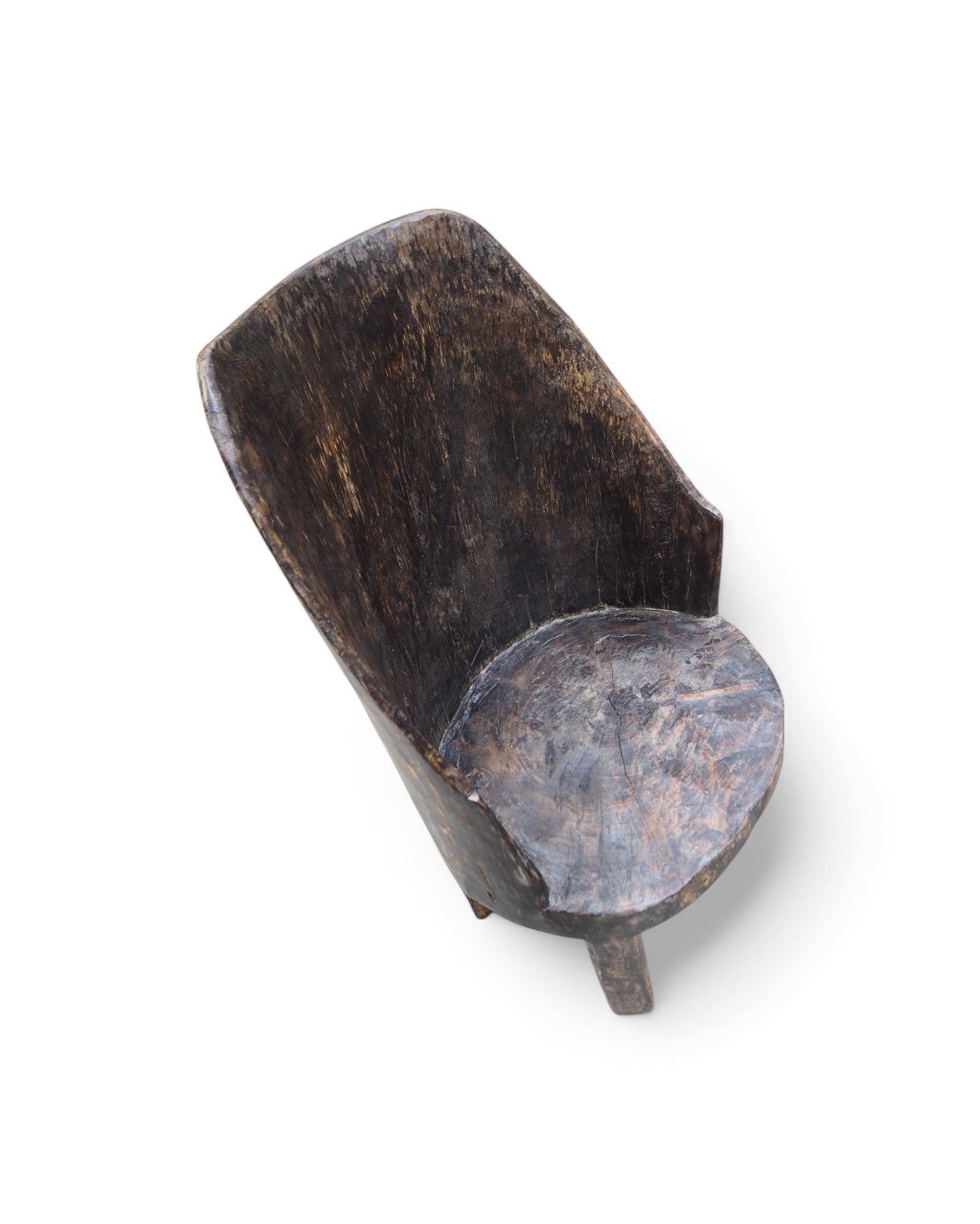 1900s Tribal Hand Carved Low Ornate Chair - Washed Black