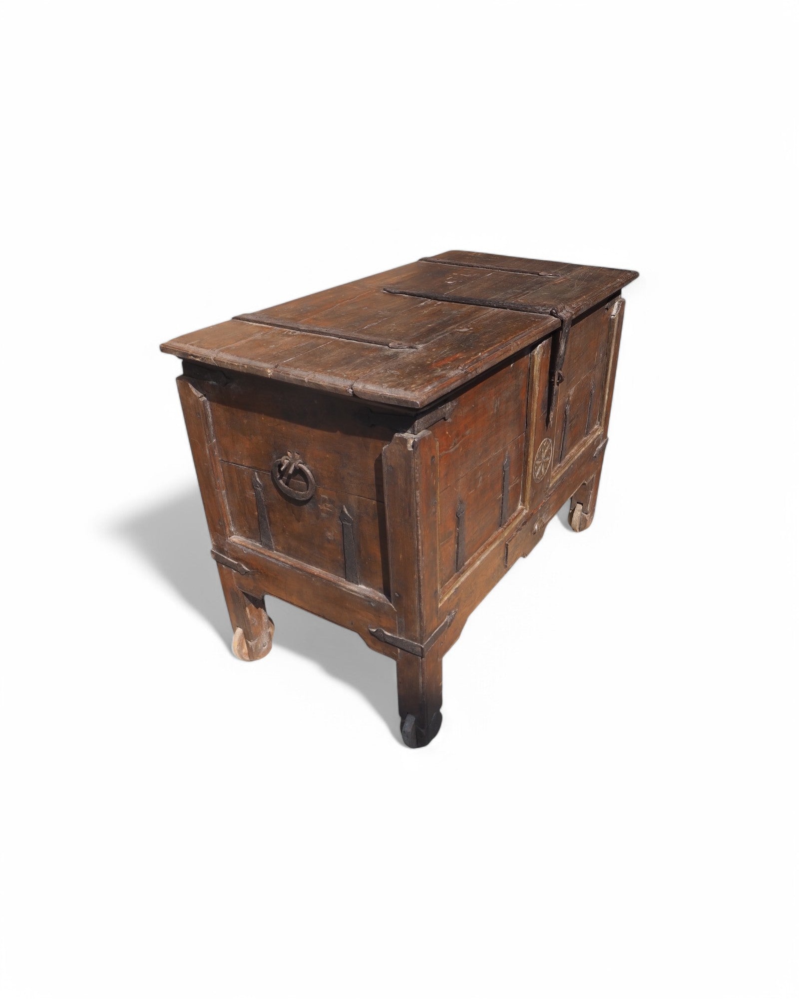 Antique Teak Goa Wheeled Storage Chest 1900s