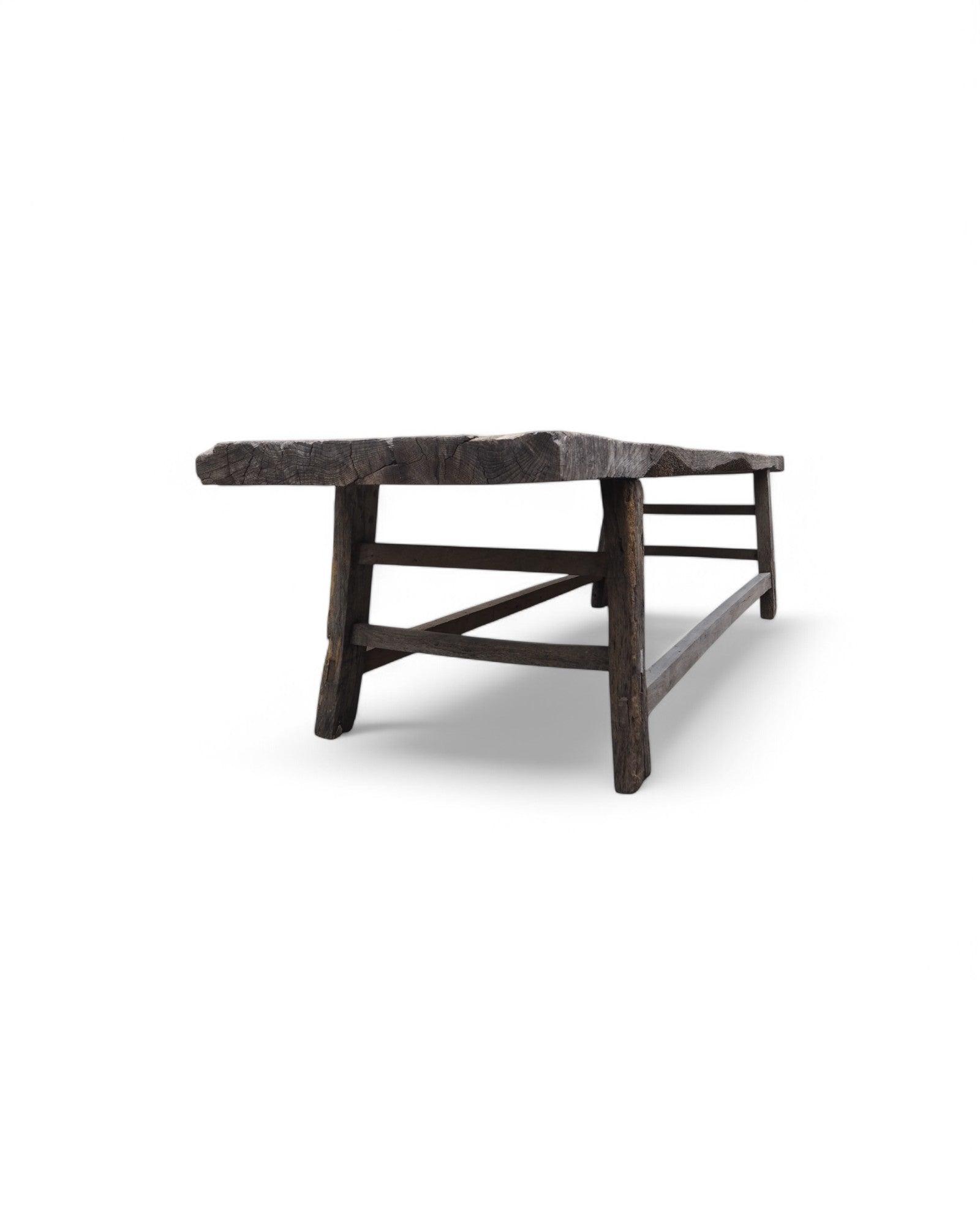 Distressed Long Wooden Plank Bench 1920s