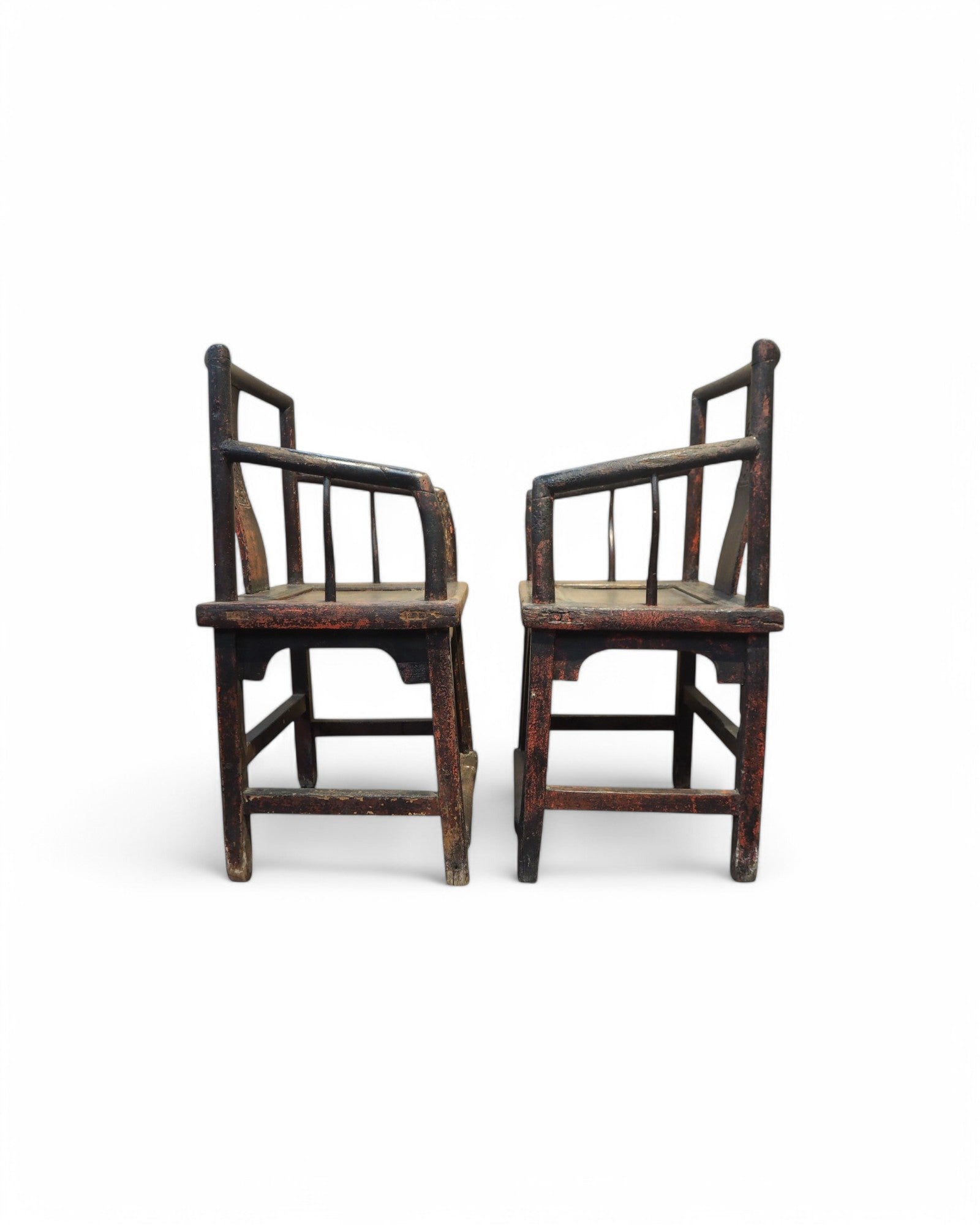Red Mid Qing Burned Elm Carved Middle Qing Armchairs - Set of 2