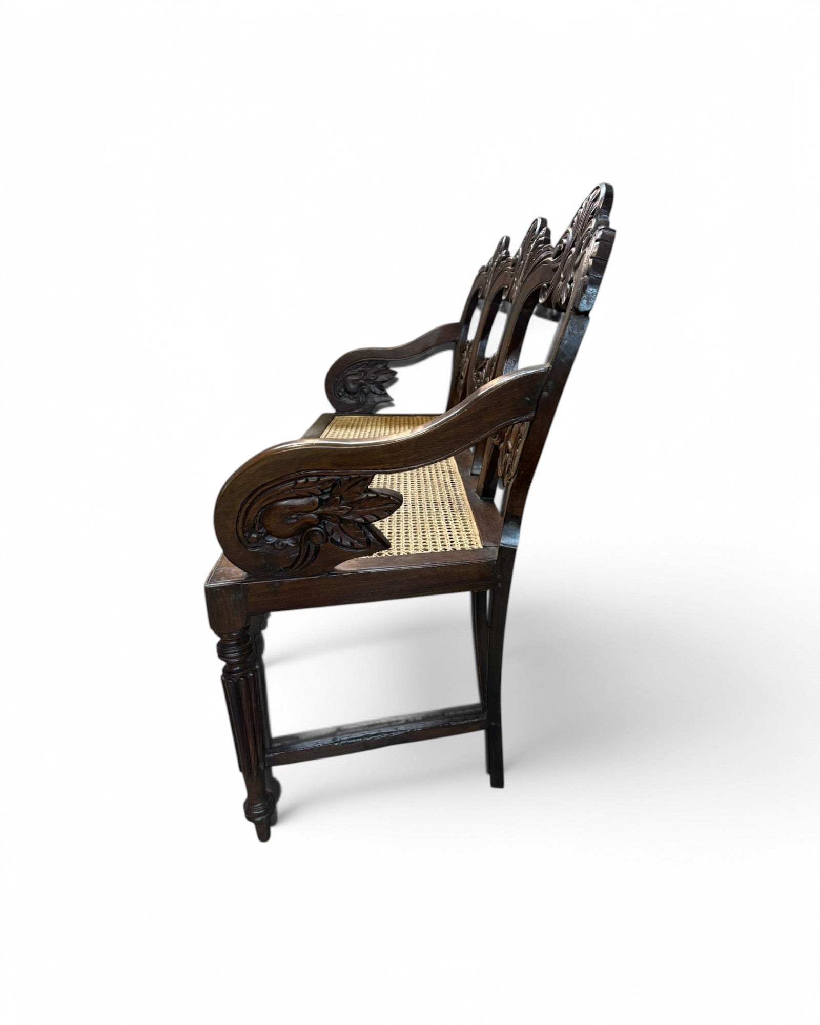 Anglo - Indian Rosewood Carved Settee Bench with Rattan Seating - Surround Living - 5