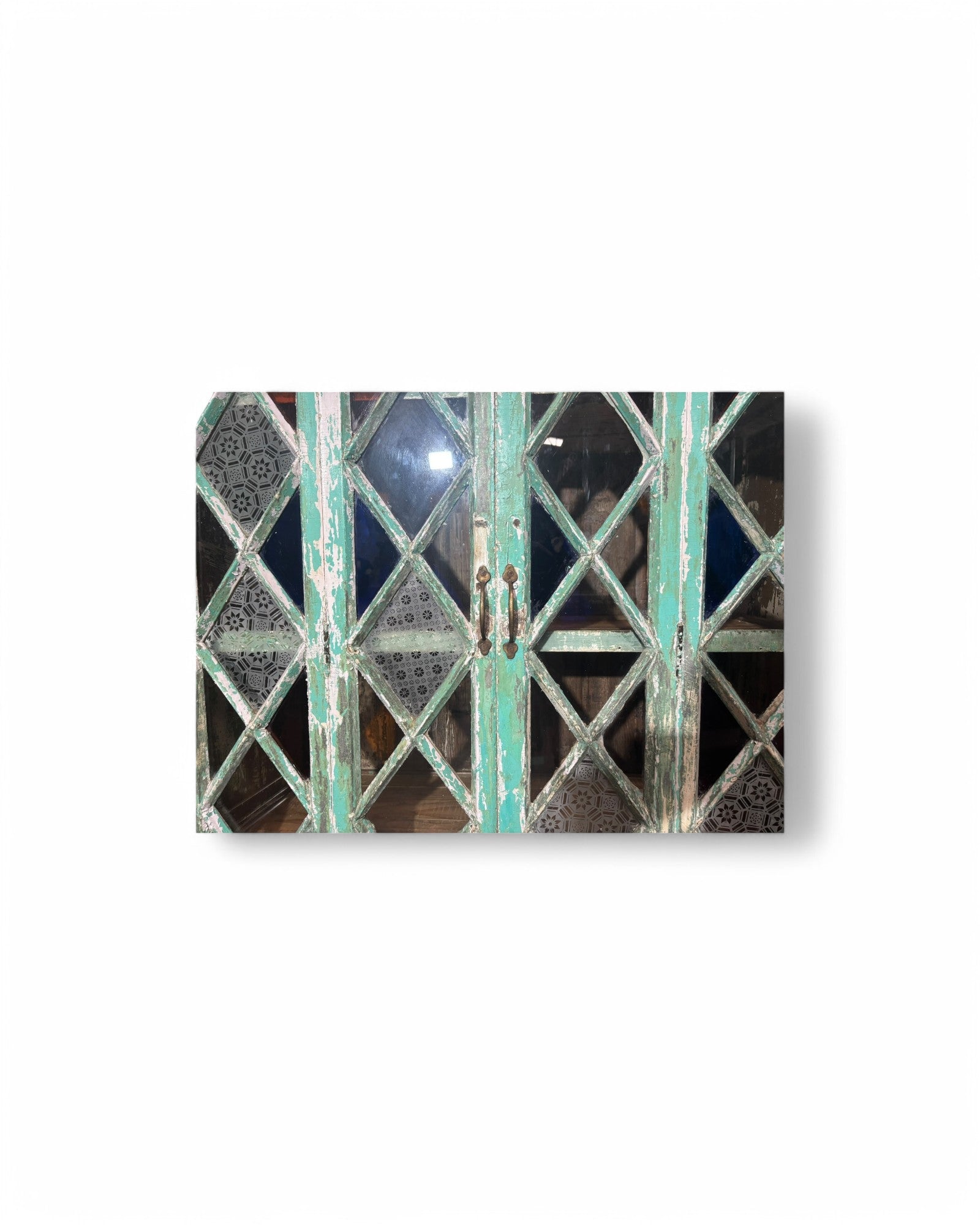 Turquoise Indian Teak Wood Almirah Cabinet with Paneled Foldable Glass Doors