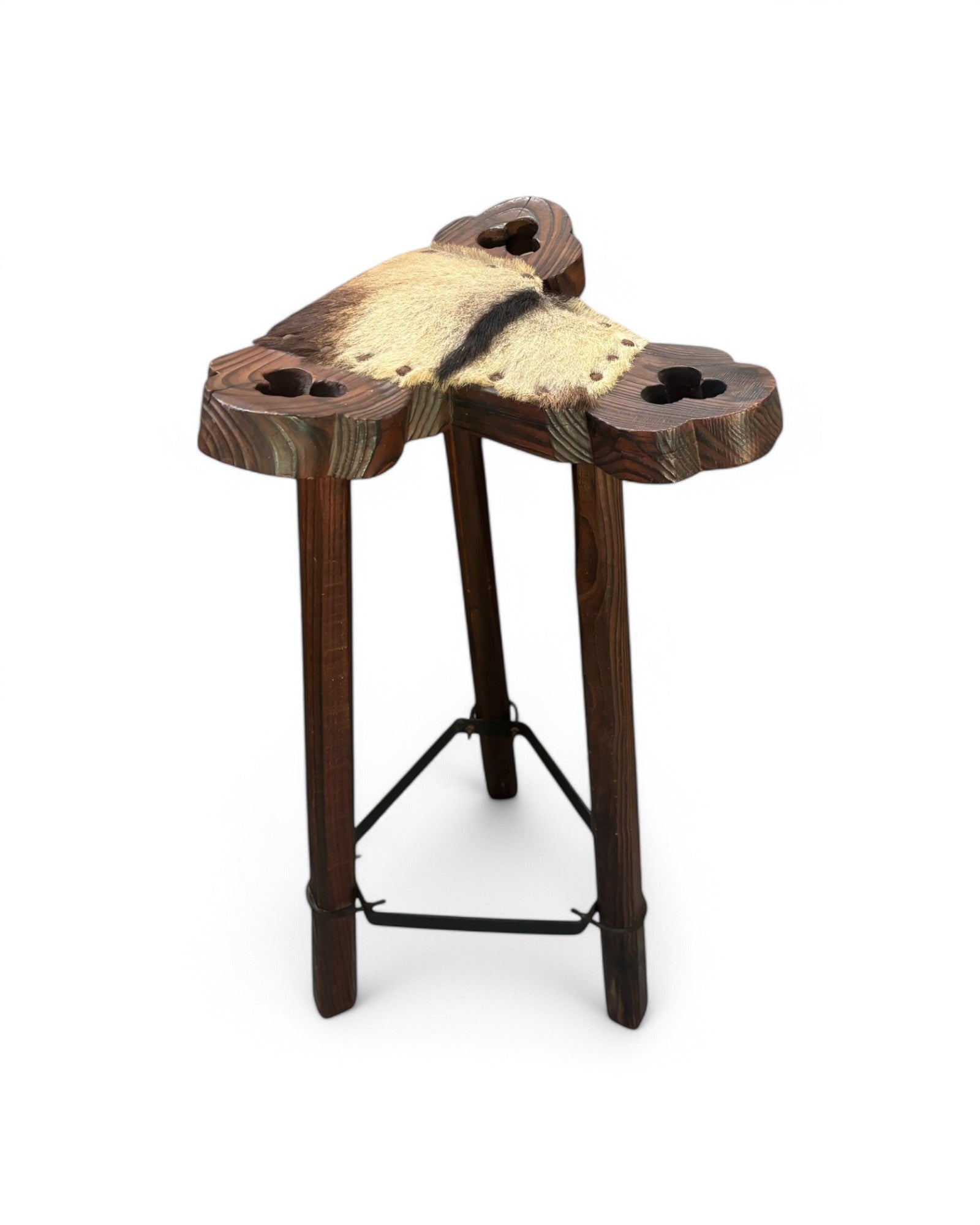 Spanish Wooden Carved Brutalist Cow Hyde Bar Stool