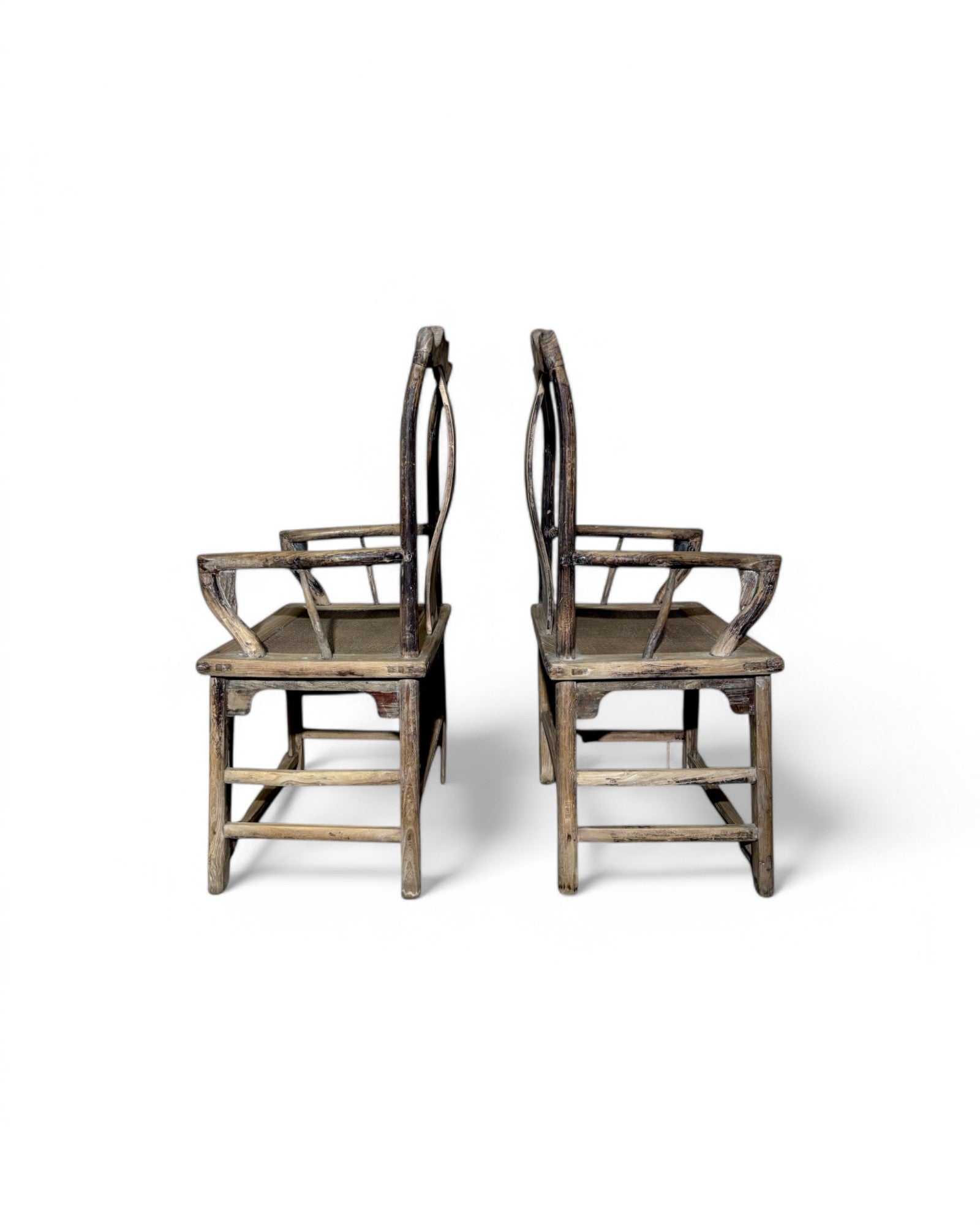 Antique Chinese Elmwood Dining Armchairs with Bamboo Matted Seat - Set of 2
