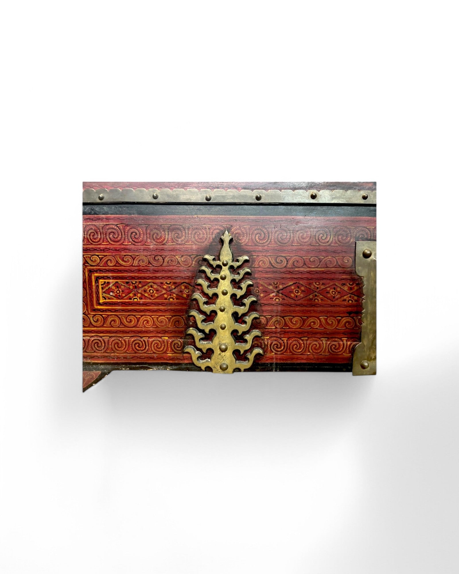 Maroon Indian Ornate Hand Painted Steamer Teak Trunk
