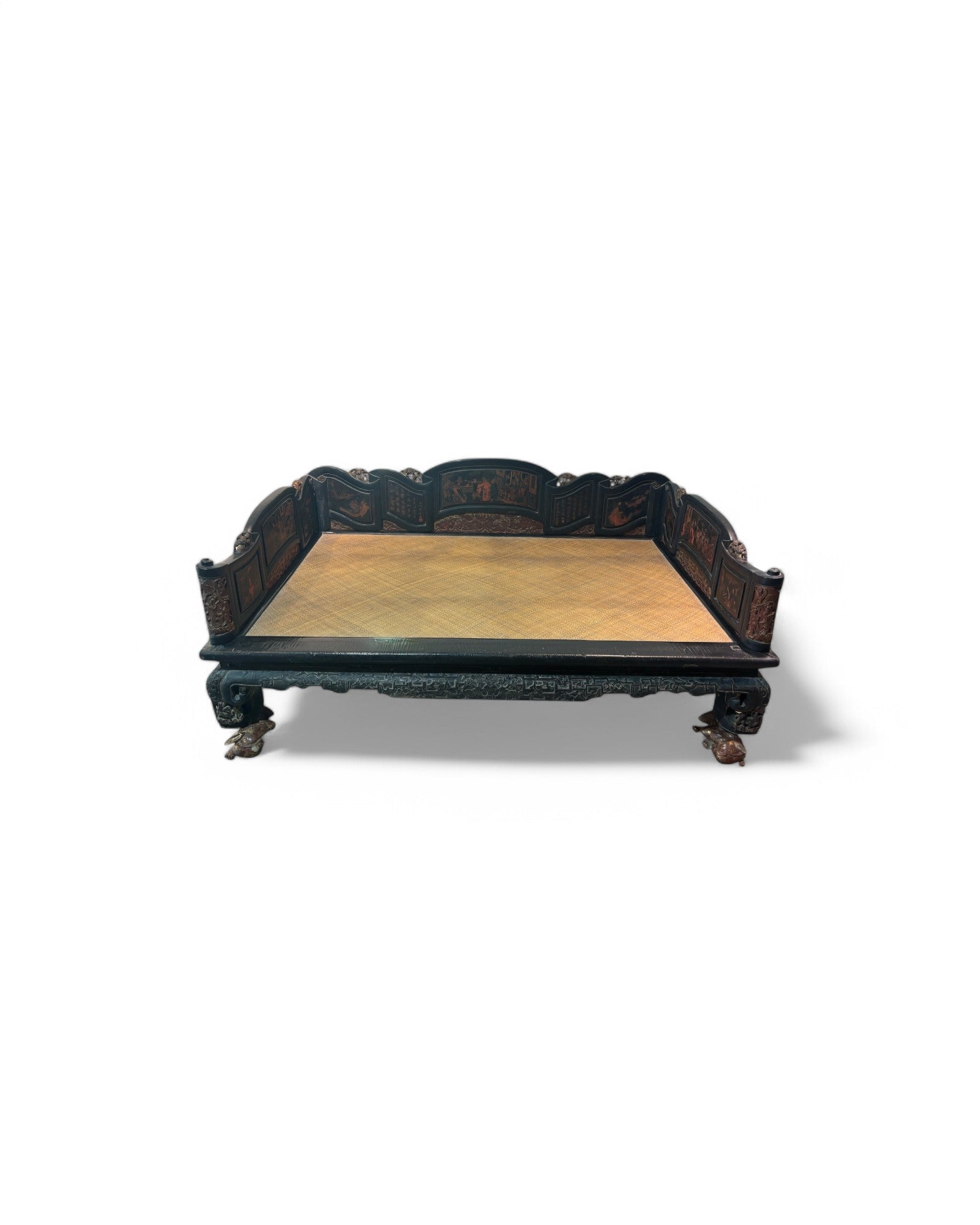 Fujian, Chazhou Black Lacquered Carved Lohan Daybed with Detailed Scenic Paintings