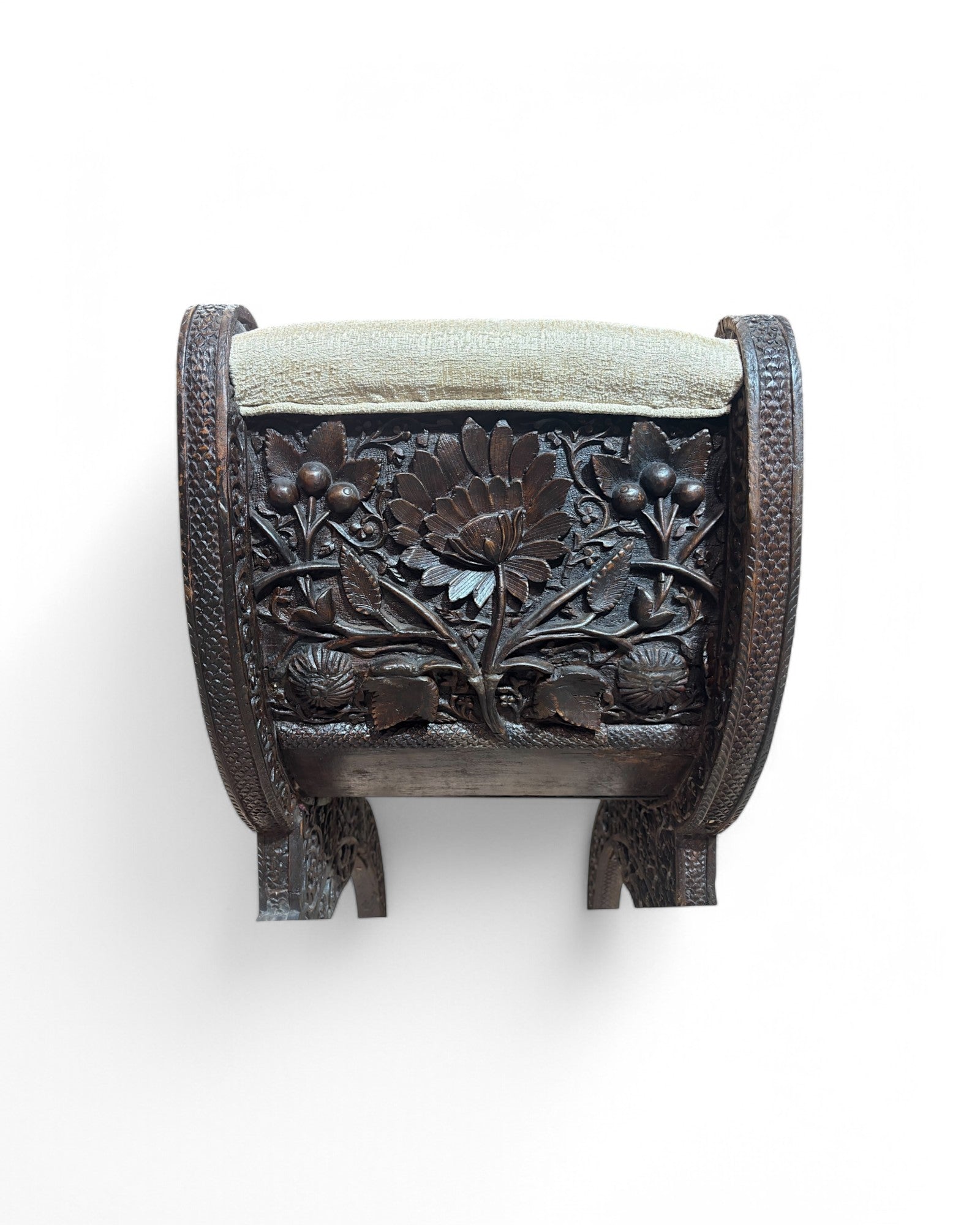 Anglo-Indian Teak Carved Window Seat with Cream Reupholstered Cushioning