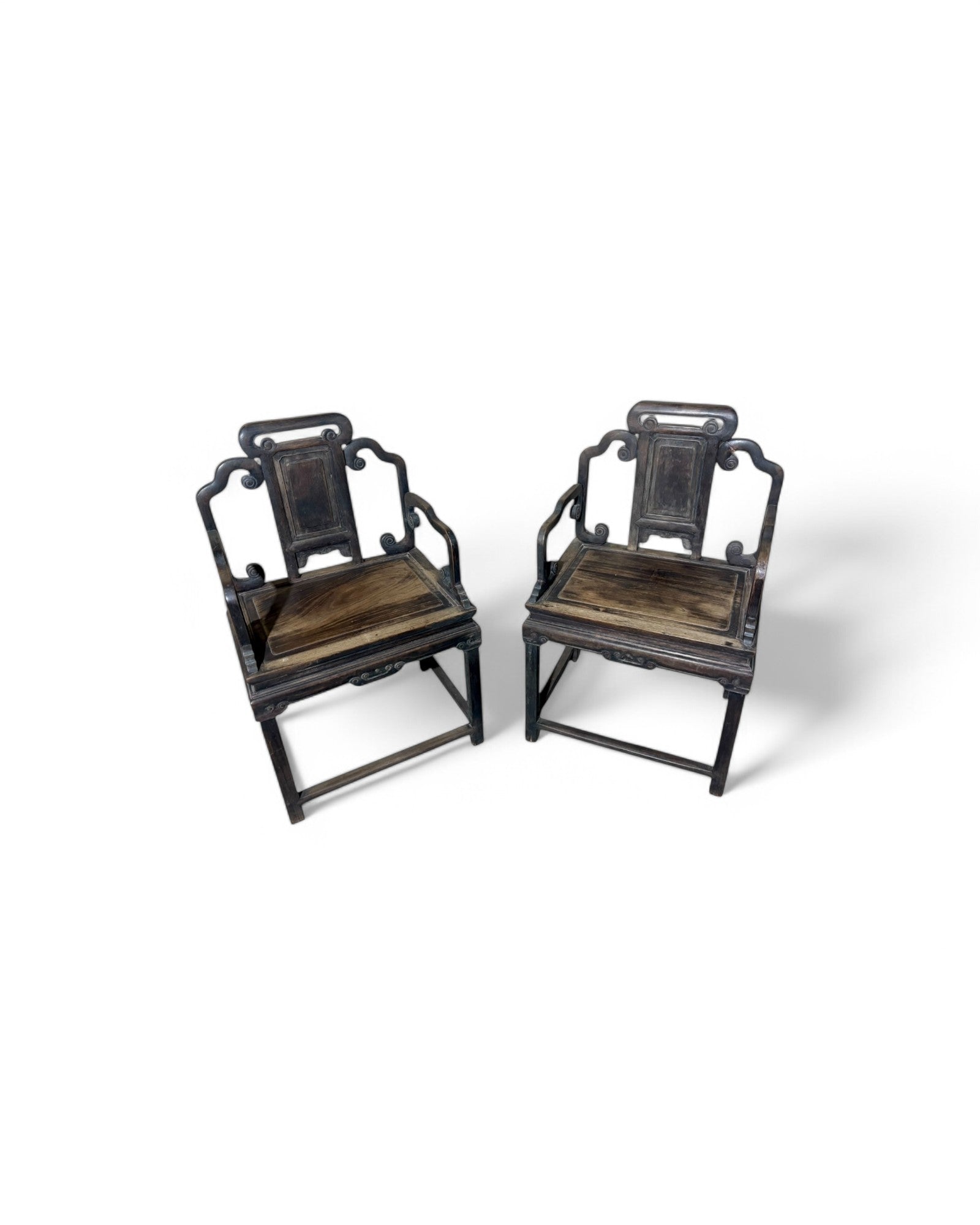 19th Century Rosewood Oriental Curved Chinese Armchairs - Set of 2