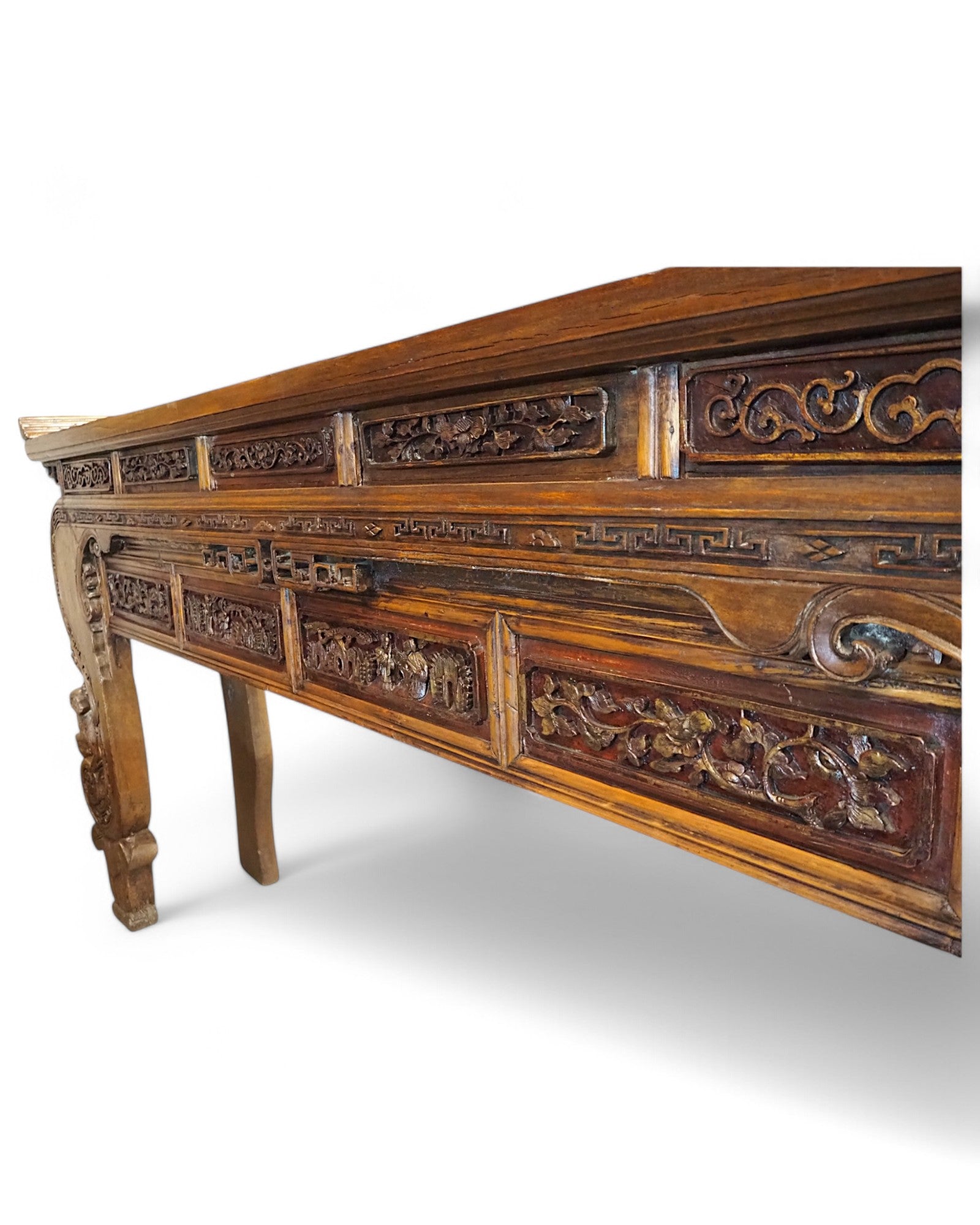 Mid-Qing Dynasty Fujian Long Lion Wing Carved Teak Console Table