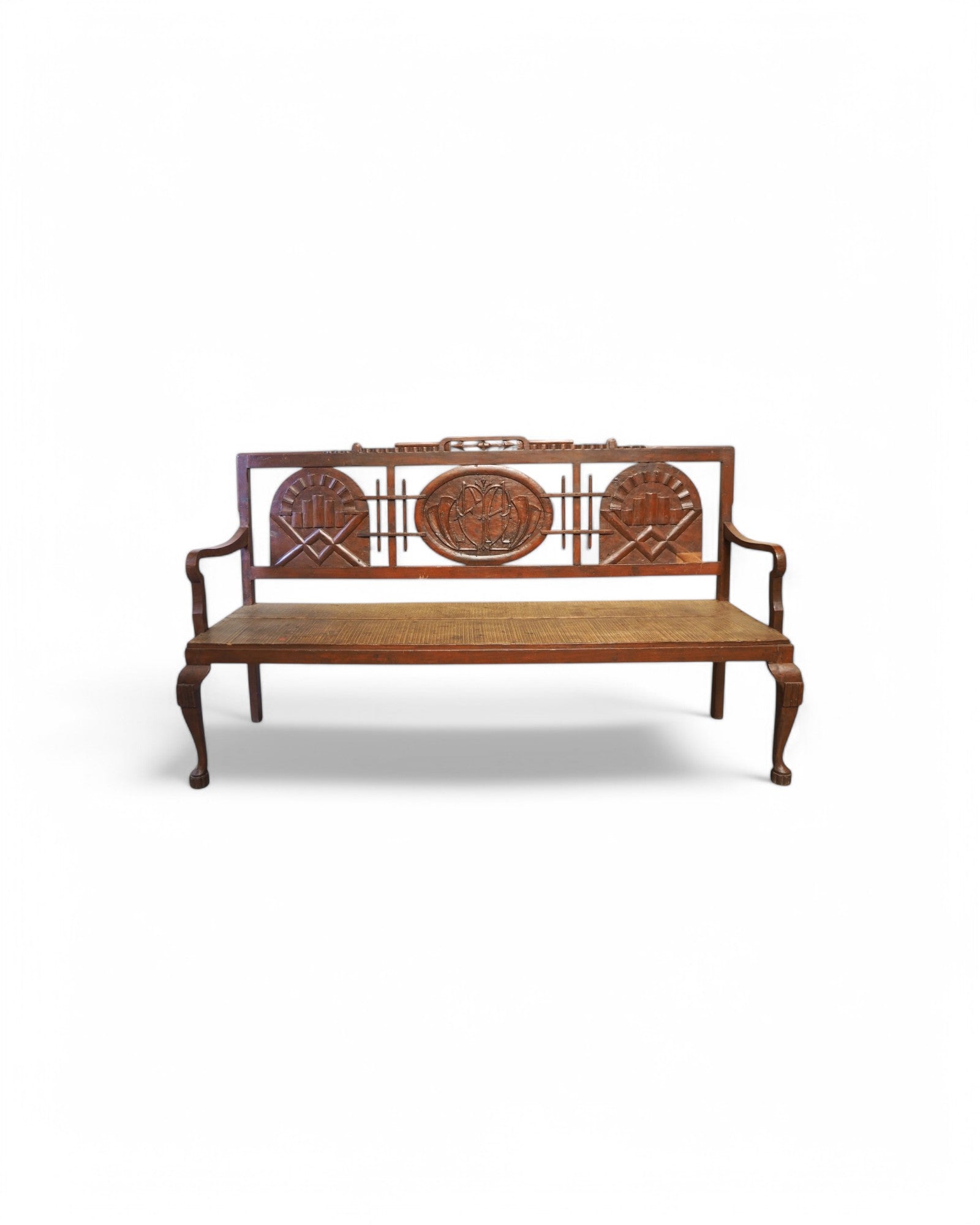 1920s Colonial Carved Emblem Teak Bench - Surround Living - 4
