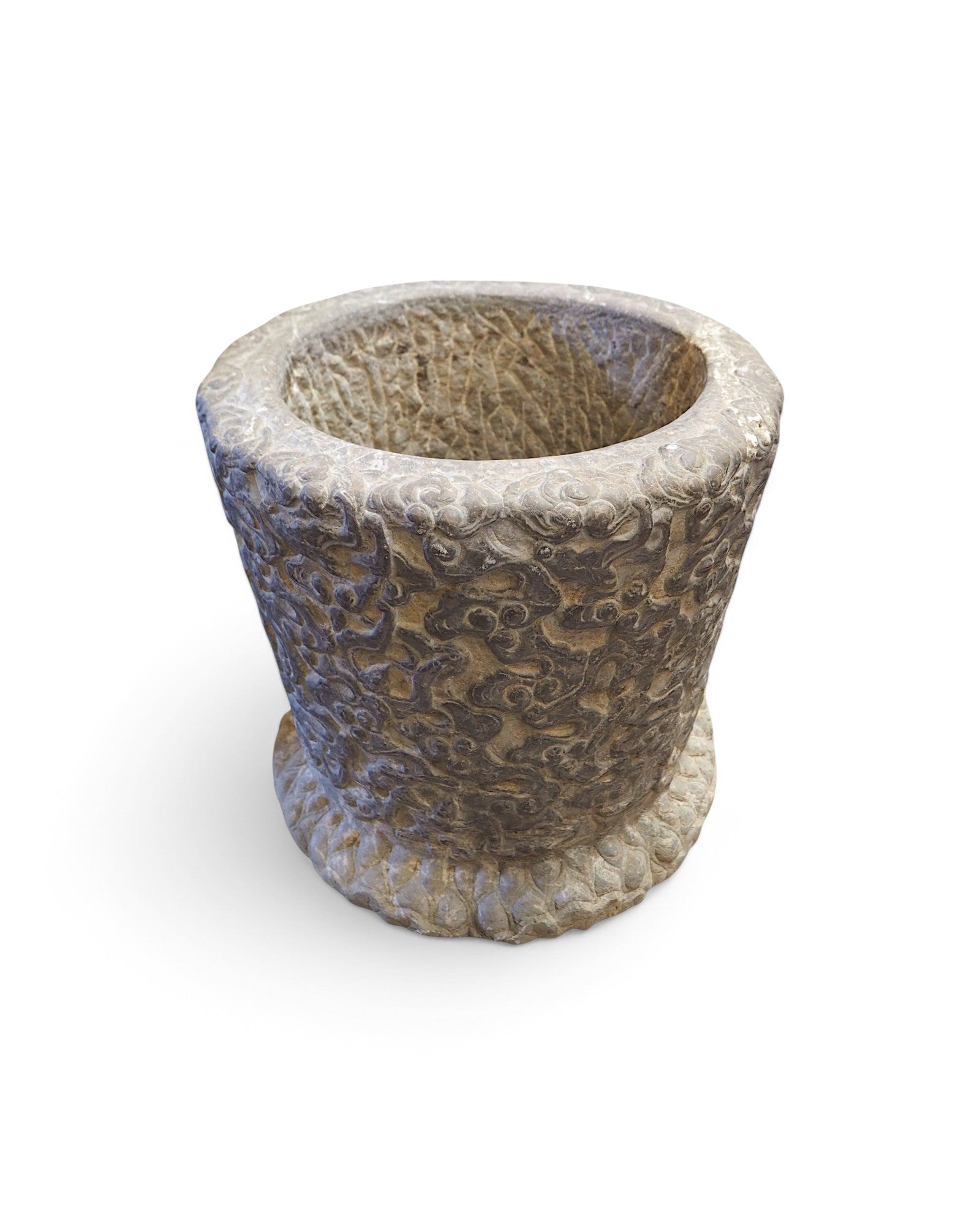 Cylindrical Chinese Limestone Carved Planters - Set of 2