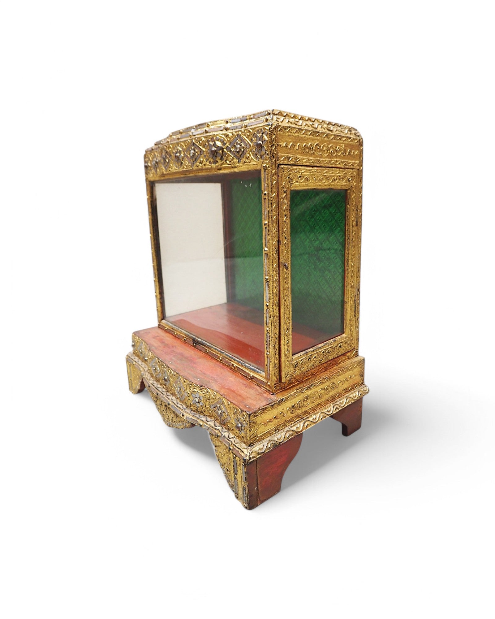 Antique Burmese Wooden Buddha Shrine with Emerald Backdrop