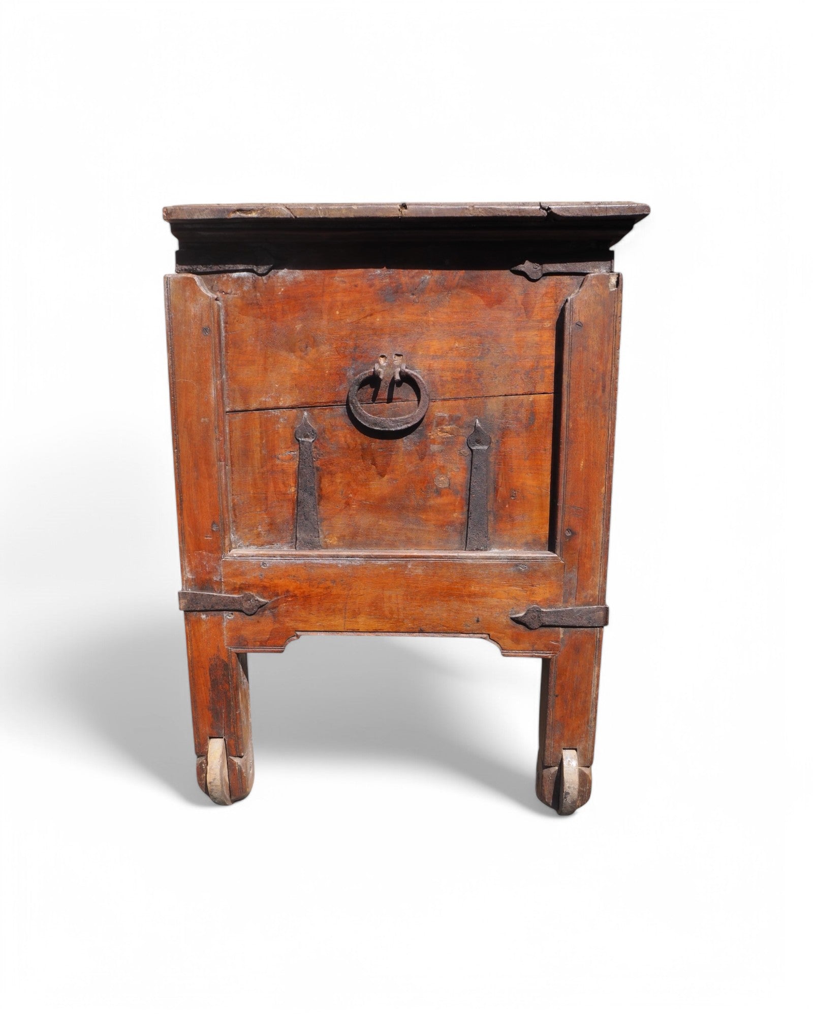 Antique Teak Goa Wheeled Storage Chest 1900s