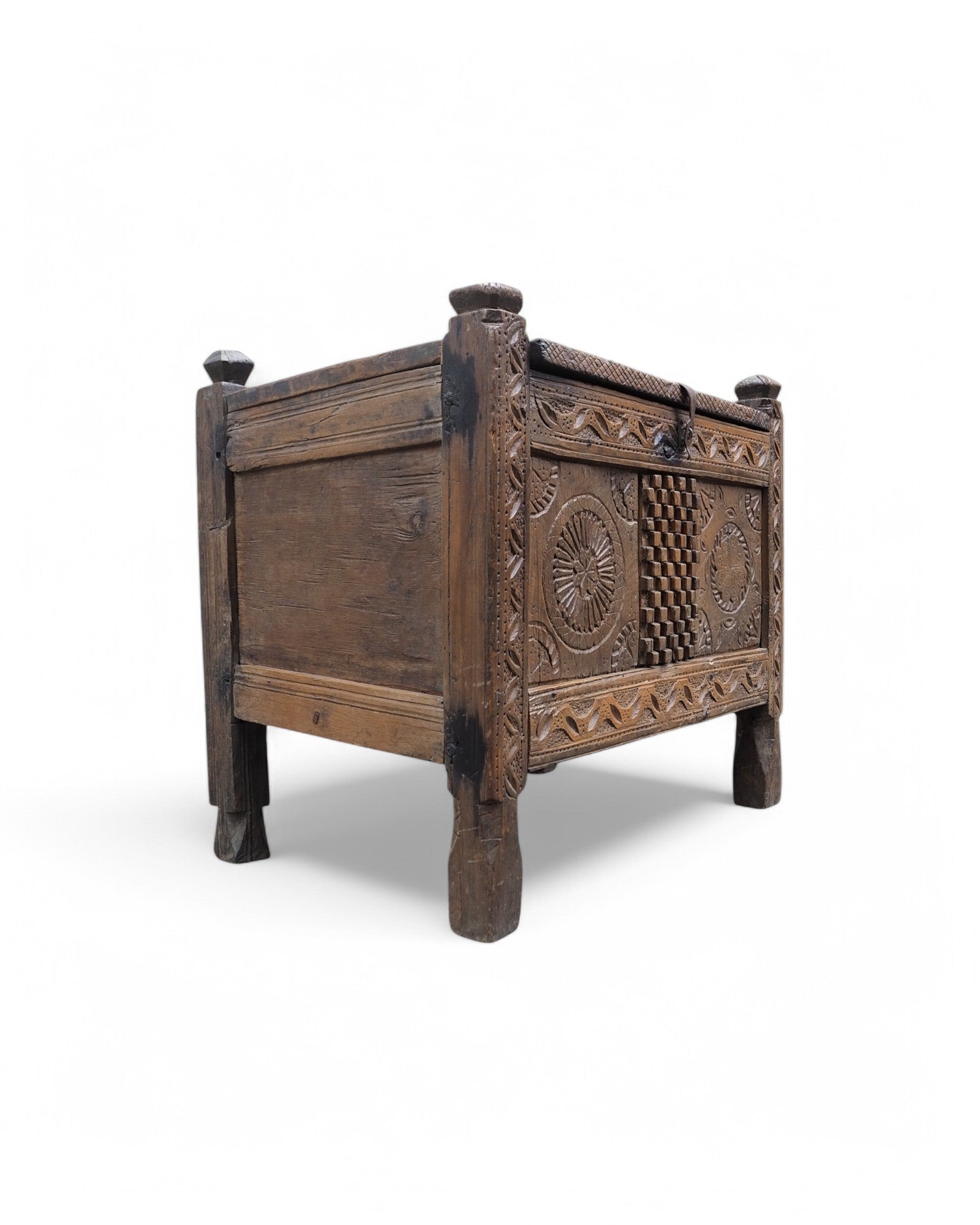 Ornate Indian Checkered Mandala Pitara Storage Chest 1920s