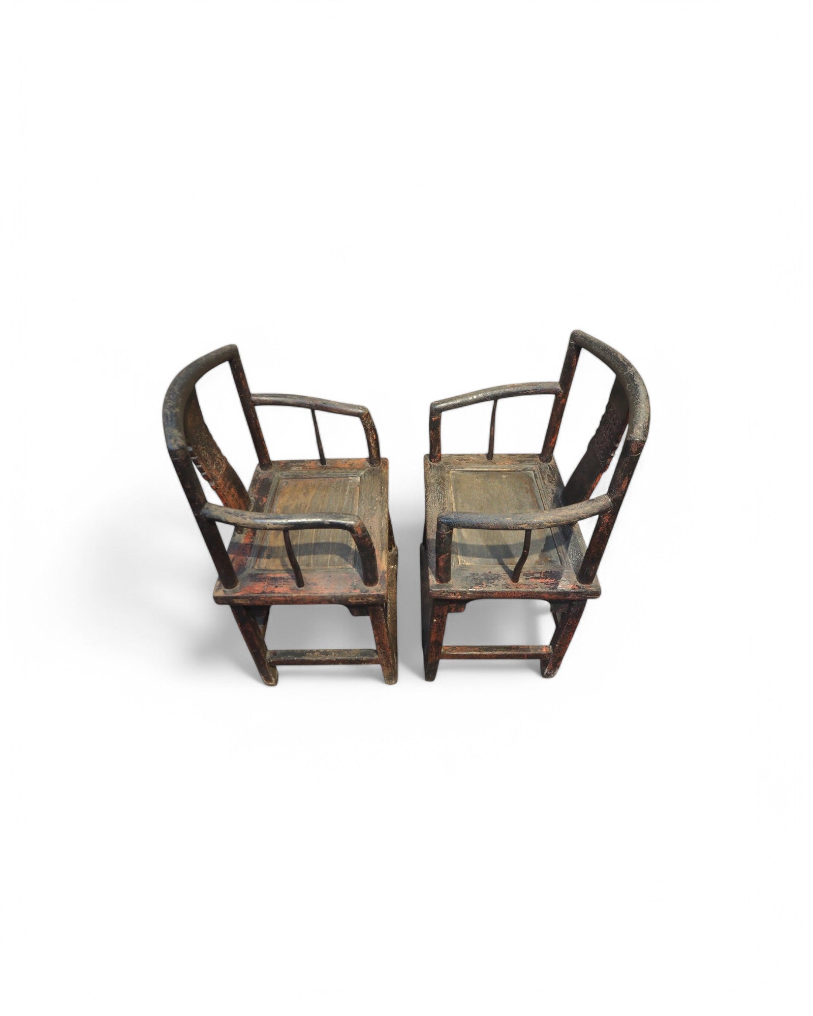 Red Mid Qing Burned Elm Carved Middle Qing Armchairs - Set of 2