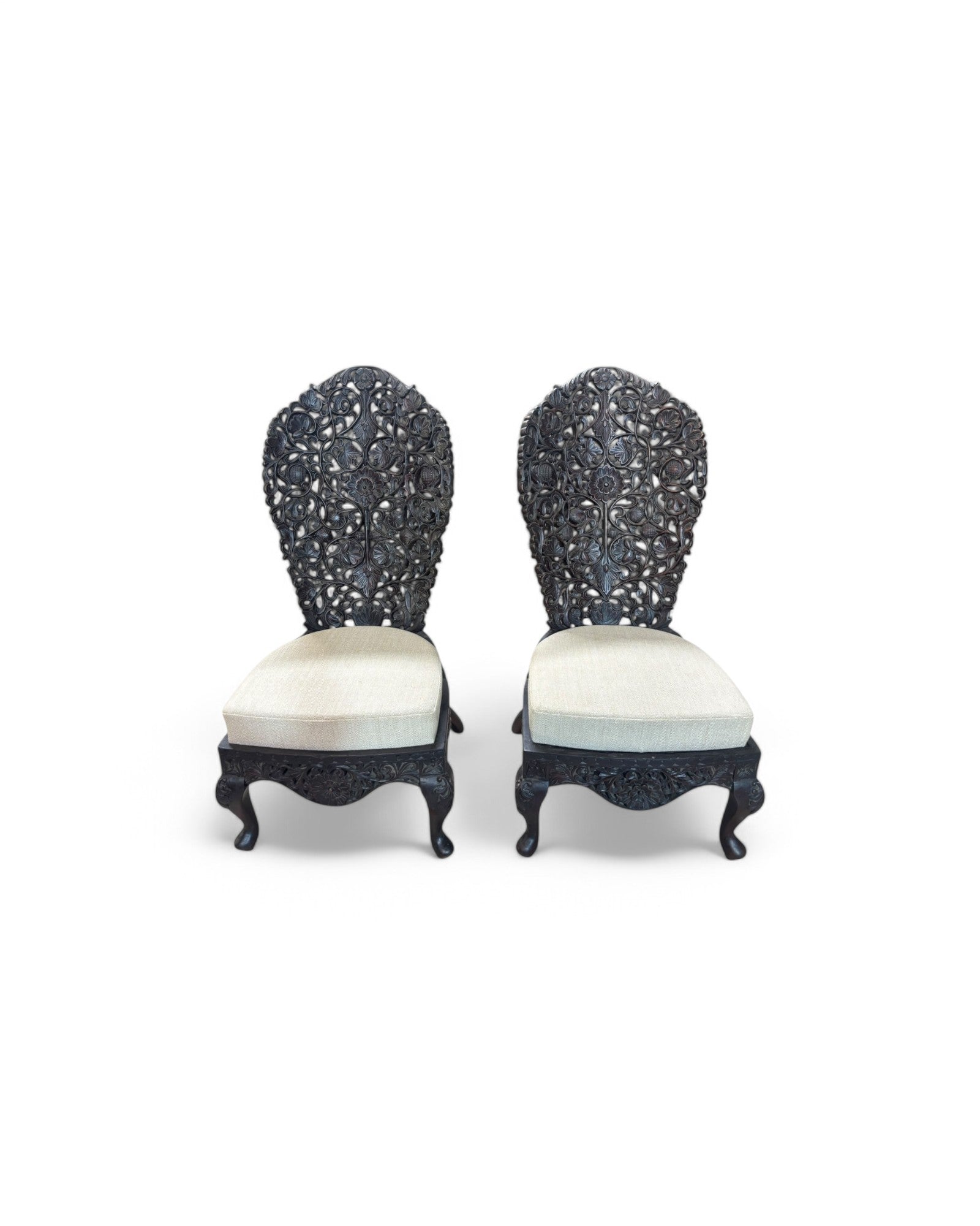 Anglo-Indian Teak Carved Lounge Chair - Set of 2
