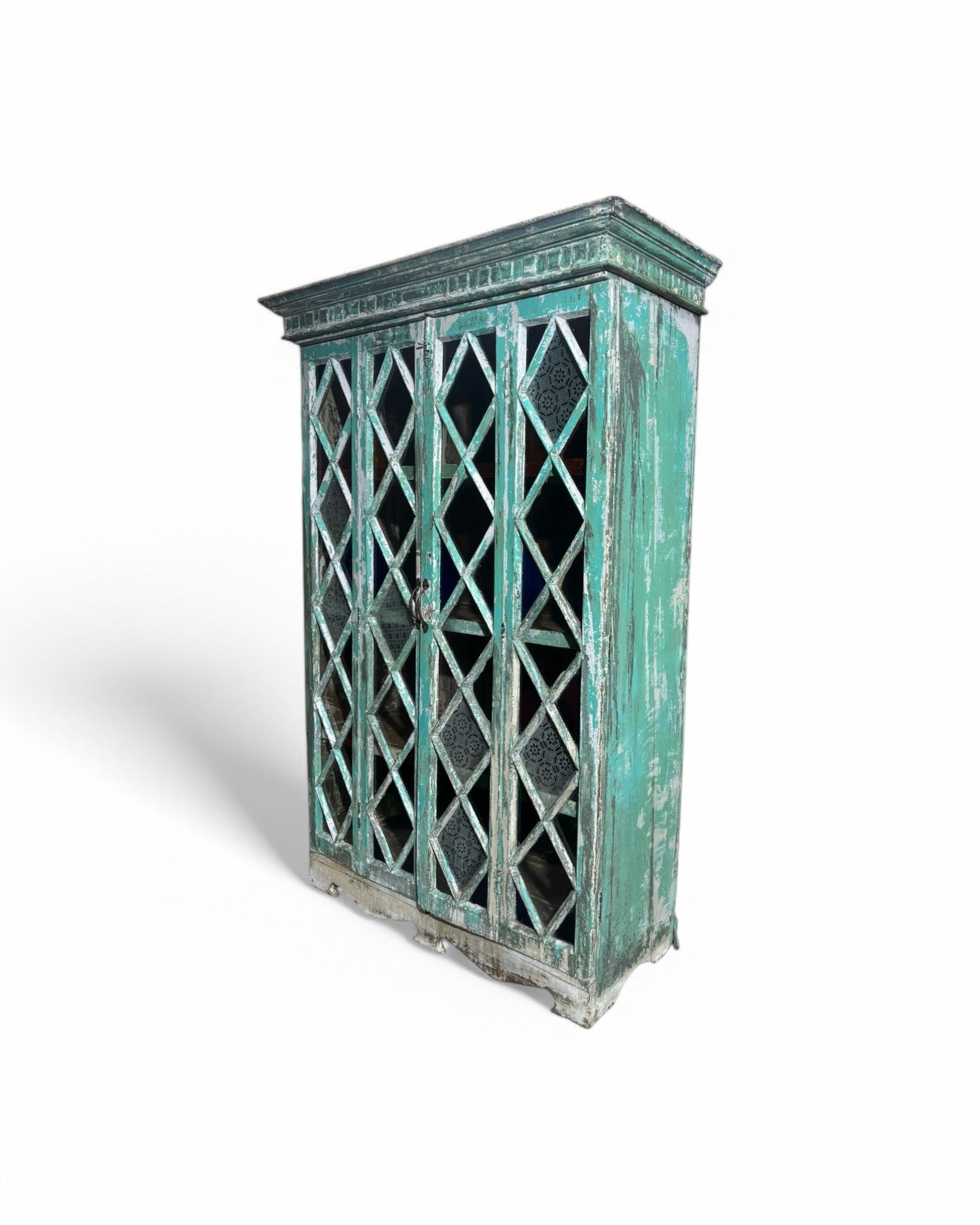 Turquoise Indian Teak Wood Almirah Cabinet with Paneled Foldable Glass Doors
