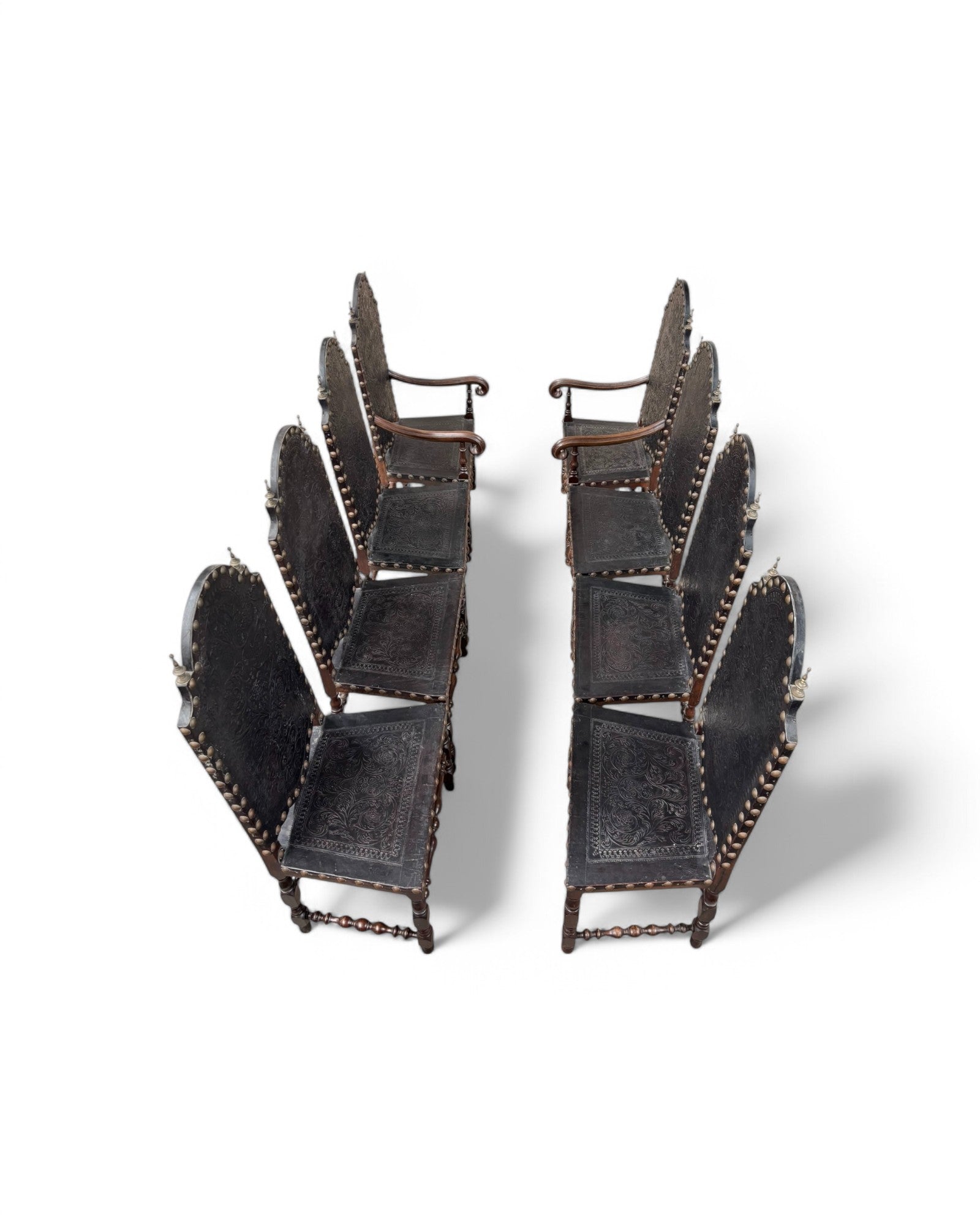 Portugese Embossed Leather Oakwood Dining Chairs - Set of 8