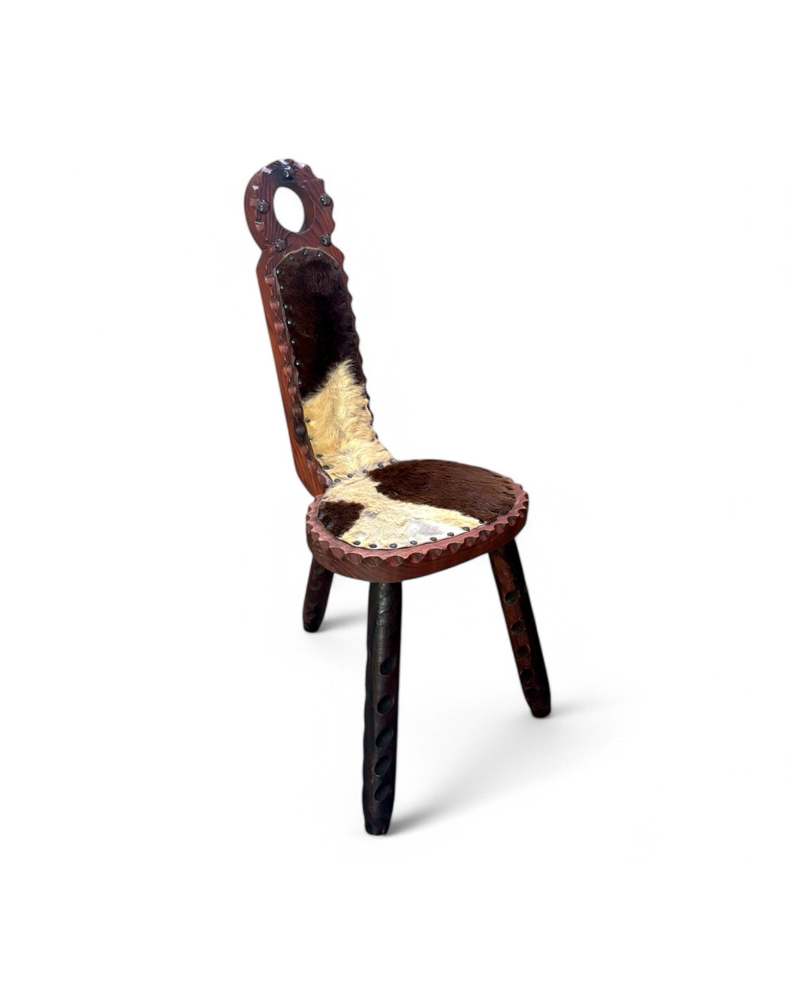 Spanish Wooden Carved Cow Hyde Birthing Chair