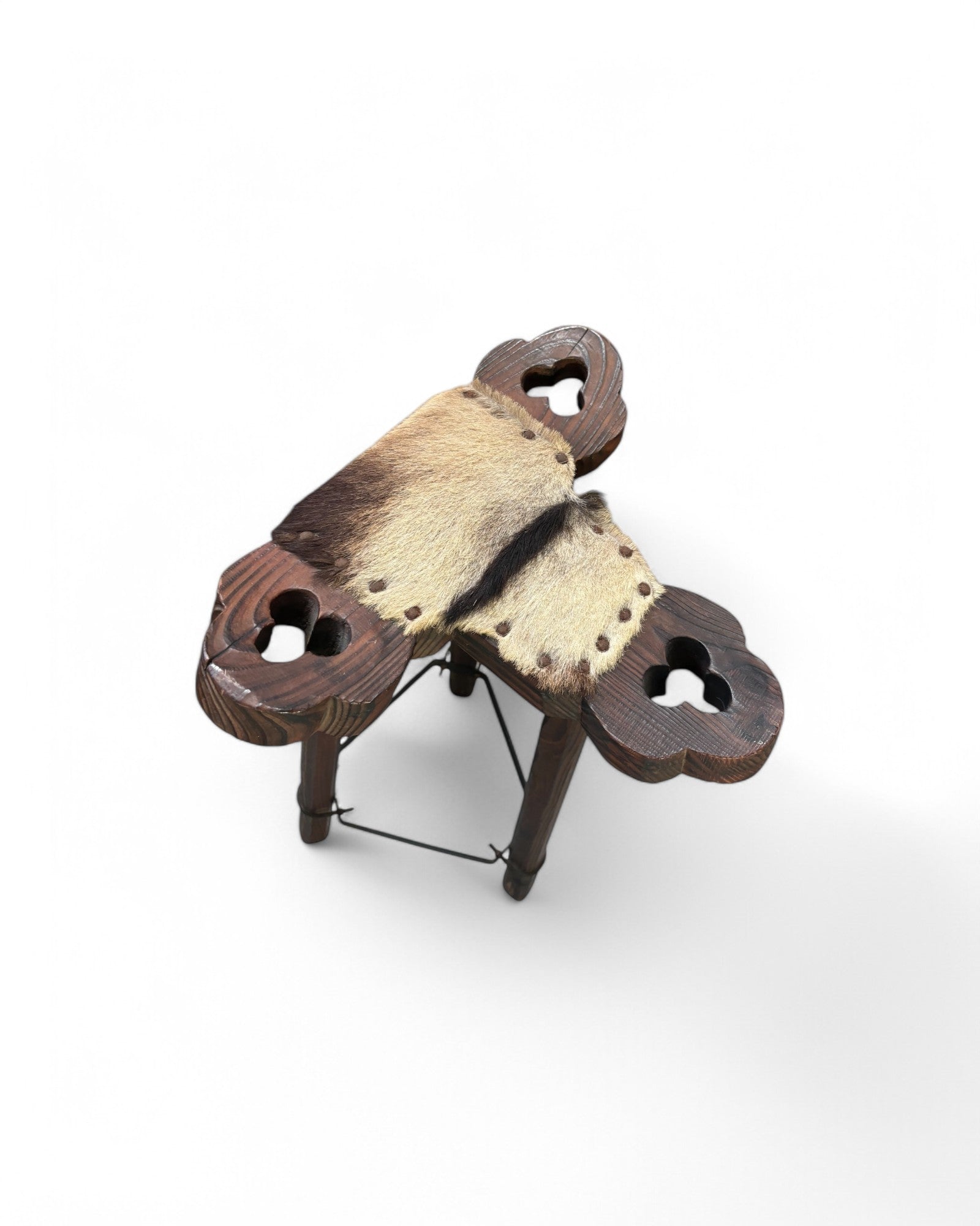 Spanish Wooden Carved Brutalist Cow Hyde Bar Stool