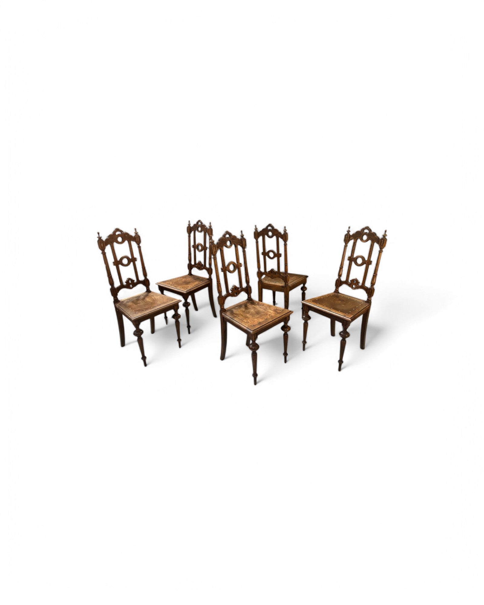 Antique Renaissance Carved Oak Cathedral Chairs - Set of 5