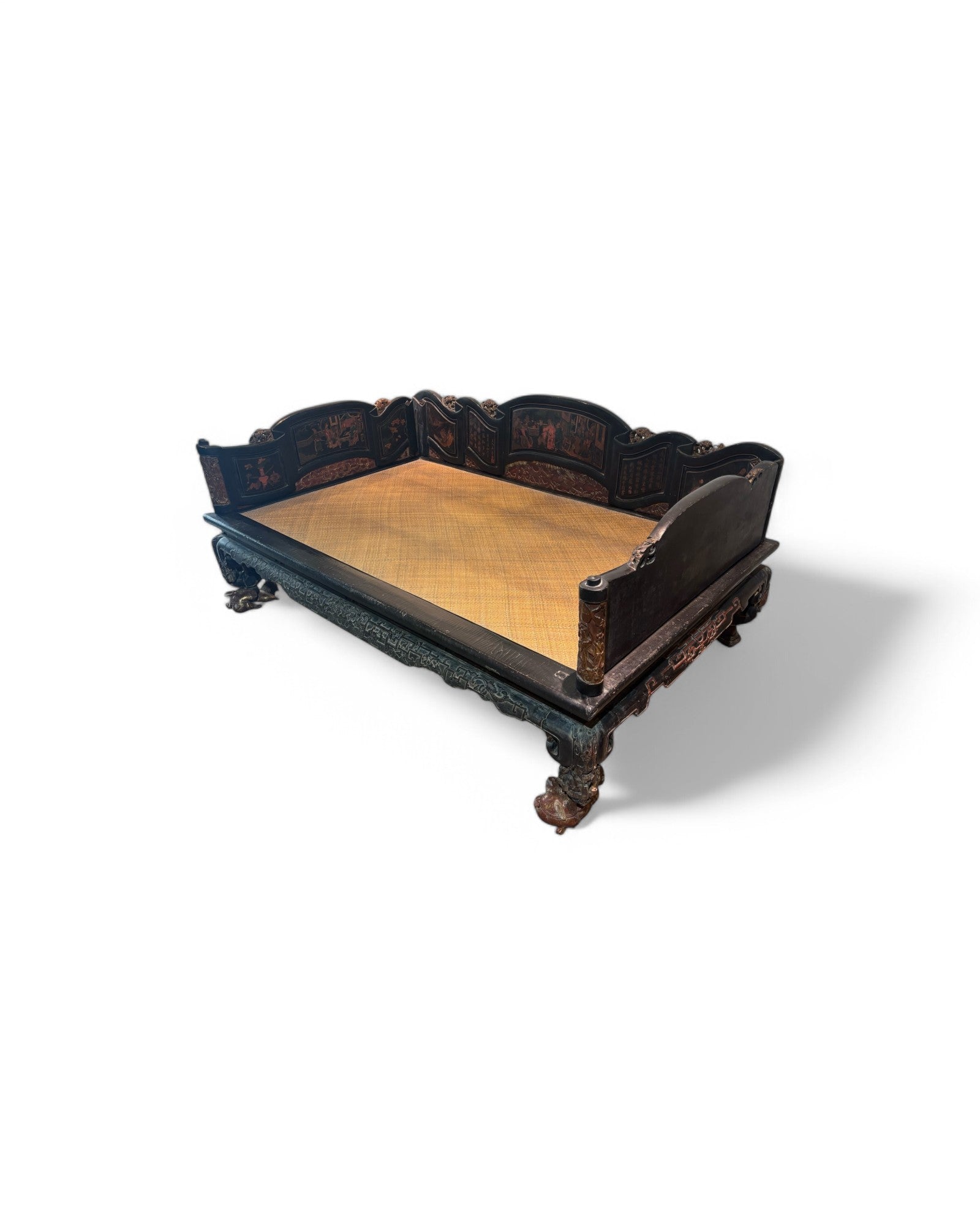 Fujian, Chazhou Black Lacquered Carved Lohan Daybed with Detailed Scenic Paintings