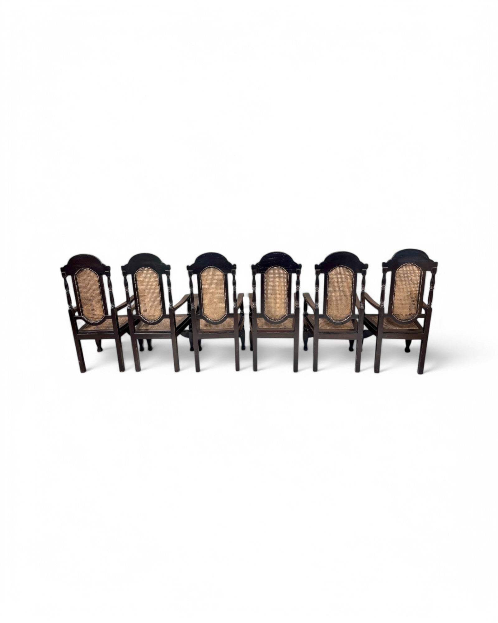 Grand Renaissance Hand Carved Oak & Caned Armchairs - Set of 6
