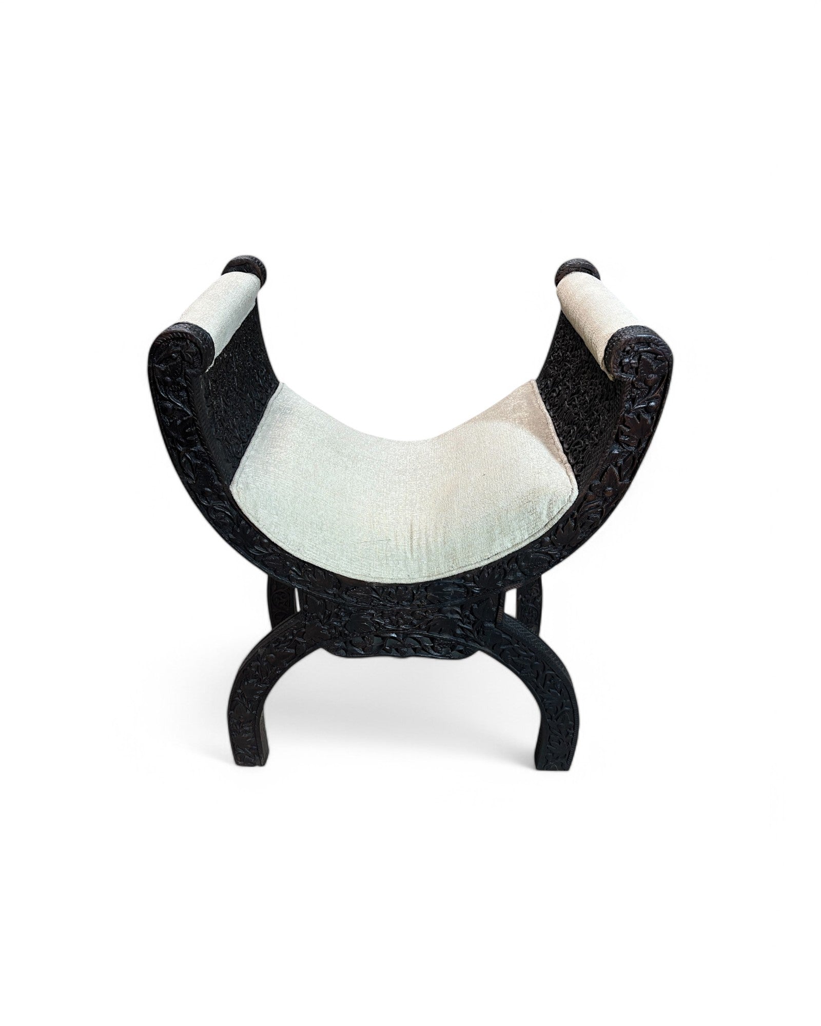 Anglo-Indian Teak Carved Window Seat with Cream Reupholstered Cushioning