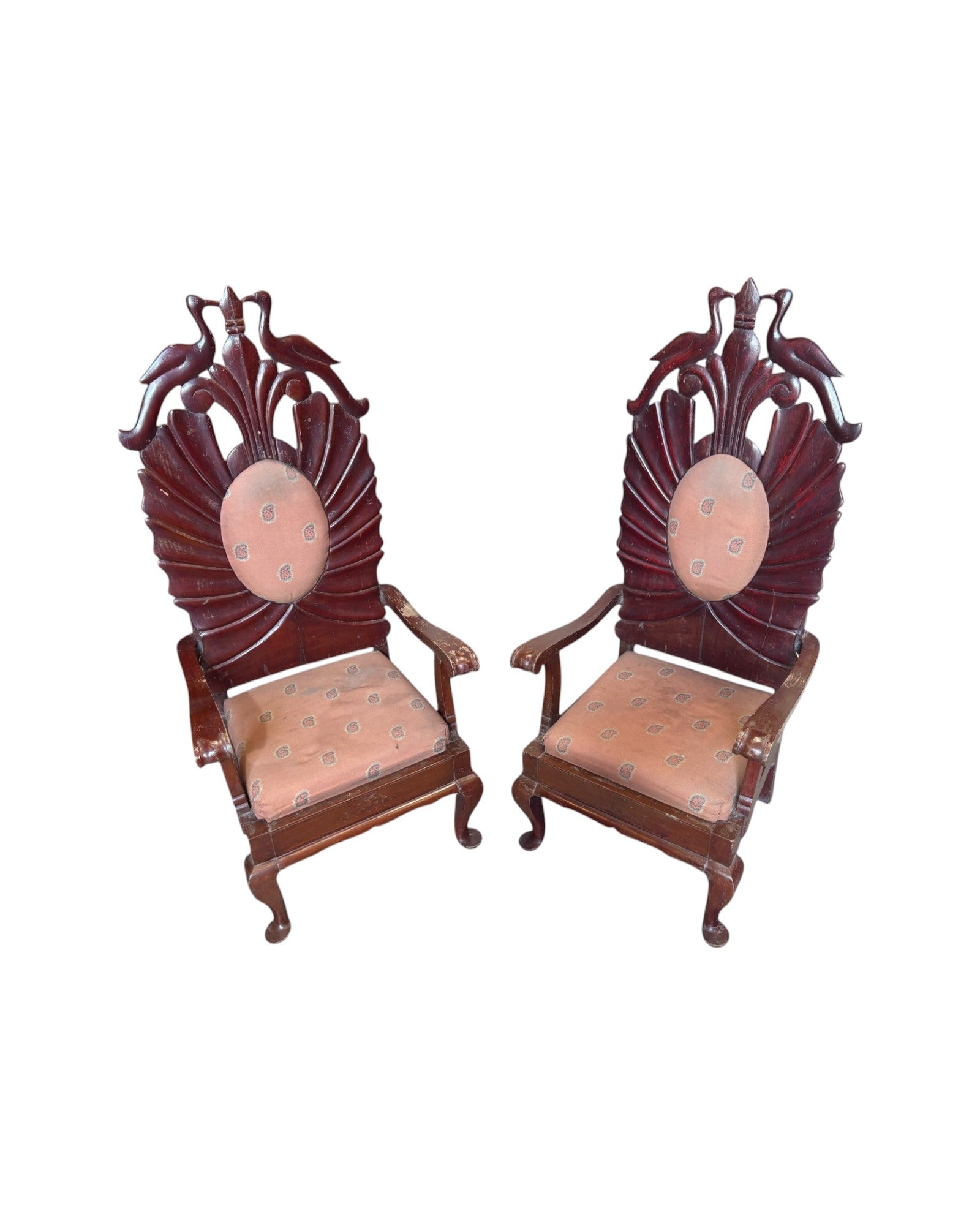 1940 Anglo-Indian Royal Colonial Peacock High Back Armchairs - Set of 2