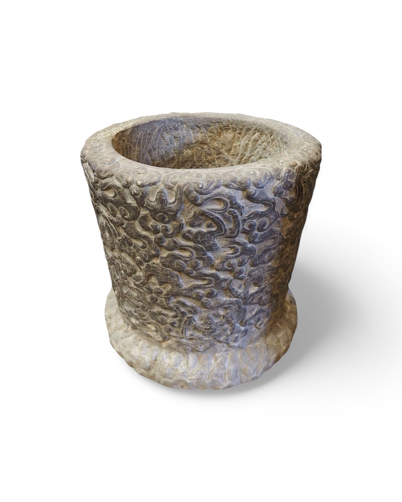 Cylindrical Chinese Limestone Carved Planters - Set of 2