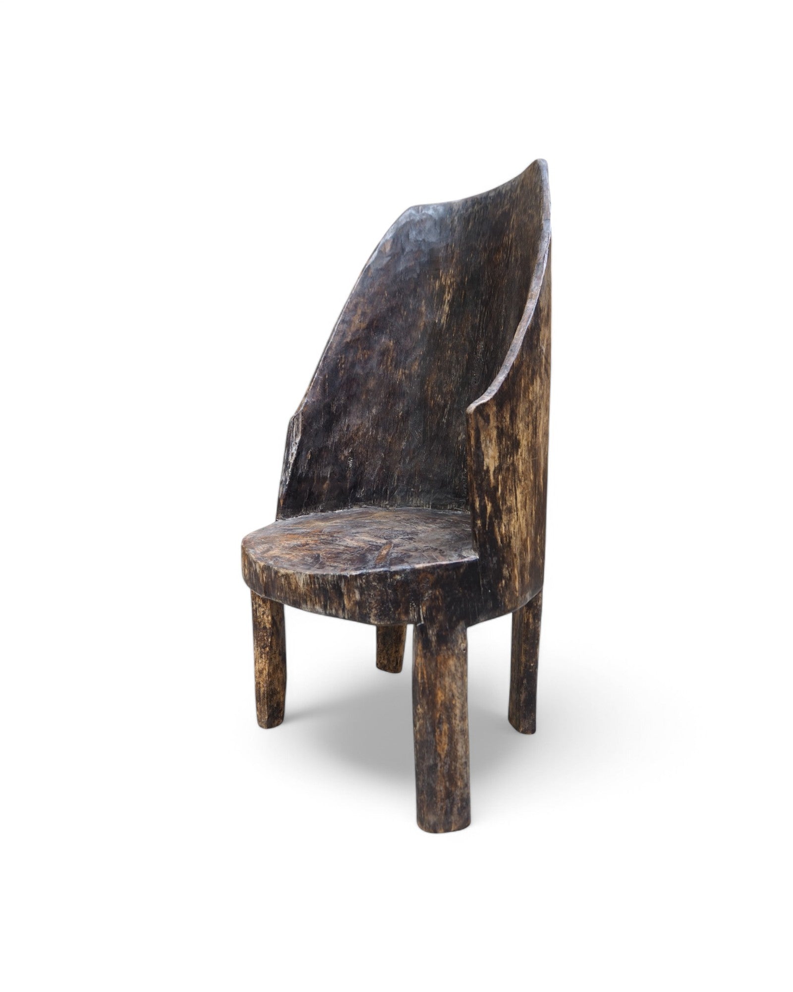 1900s Tribal Hand Carved Low Ornate Chair - Washed Black