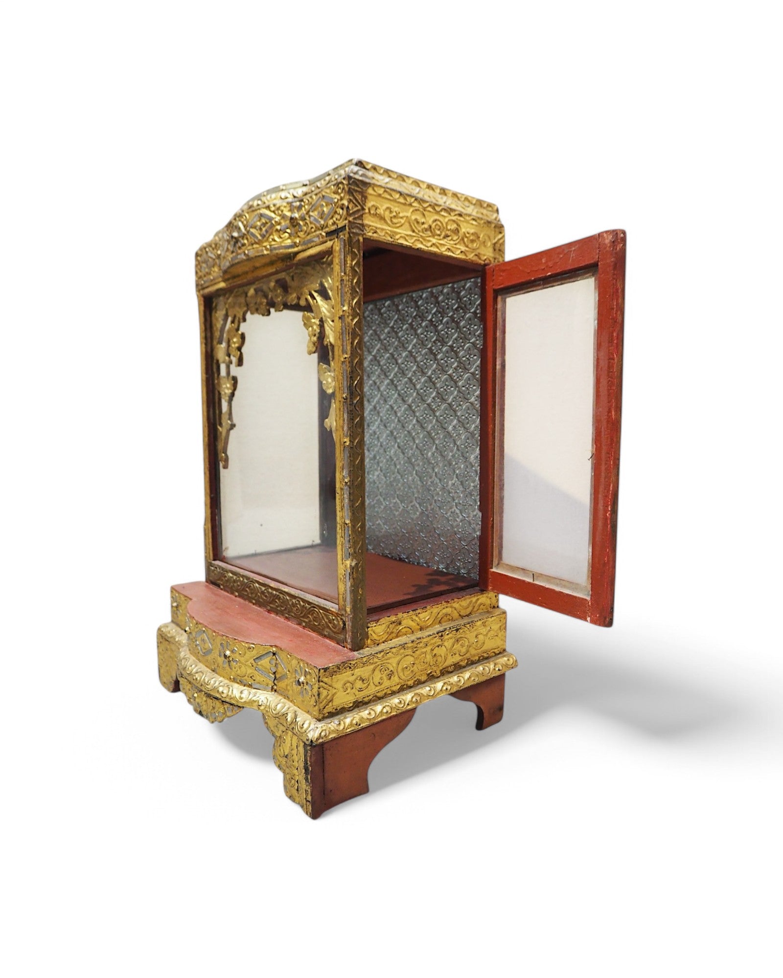 Antique Burmese Wooden Buddha Shrine with Silver Backdrop