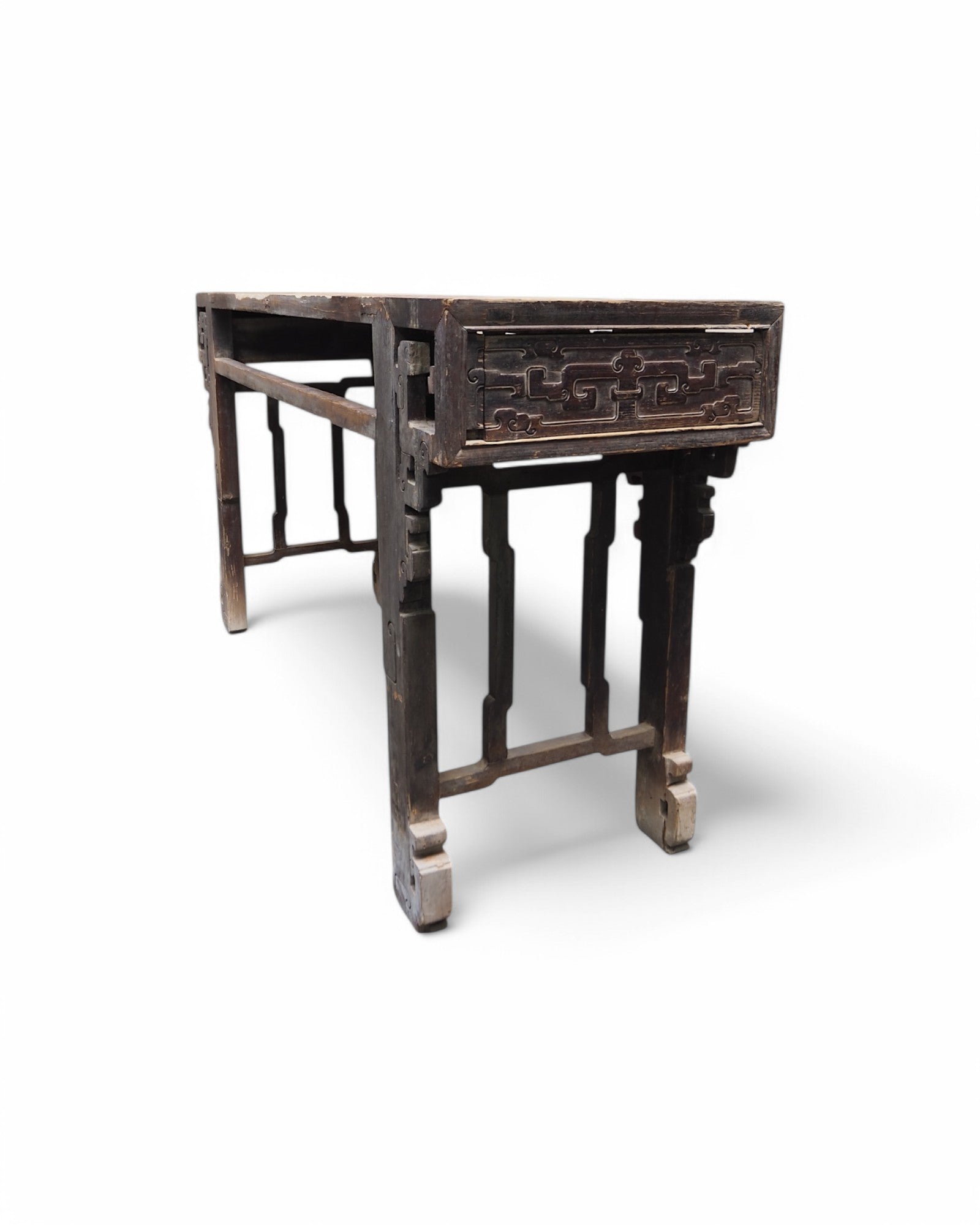 Fujian Elm Black Lacquered Antique Ornate Console Qing Dynasty