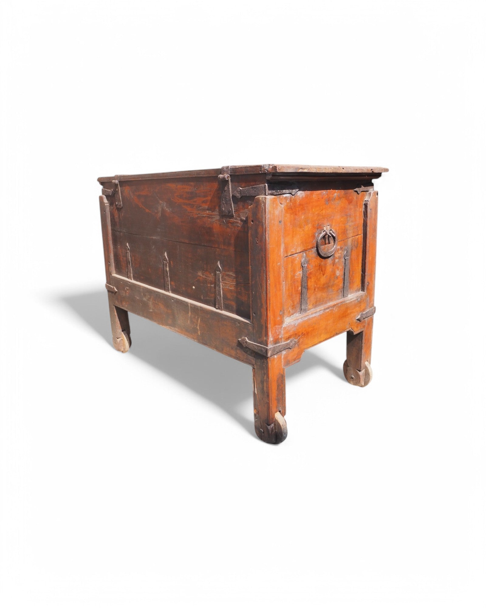 Antique Teak Goa Wheeled Storage Chest 1900s
