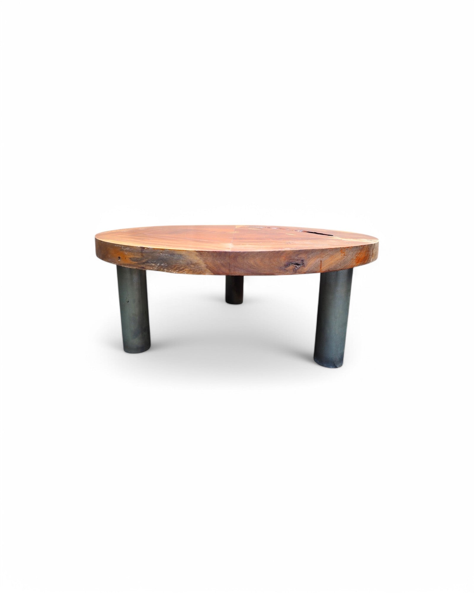 Round Sliced Teak & Steel Low Coffee Table