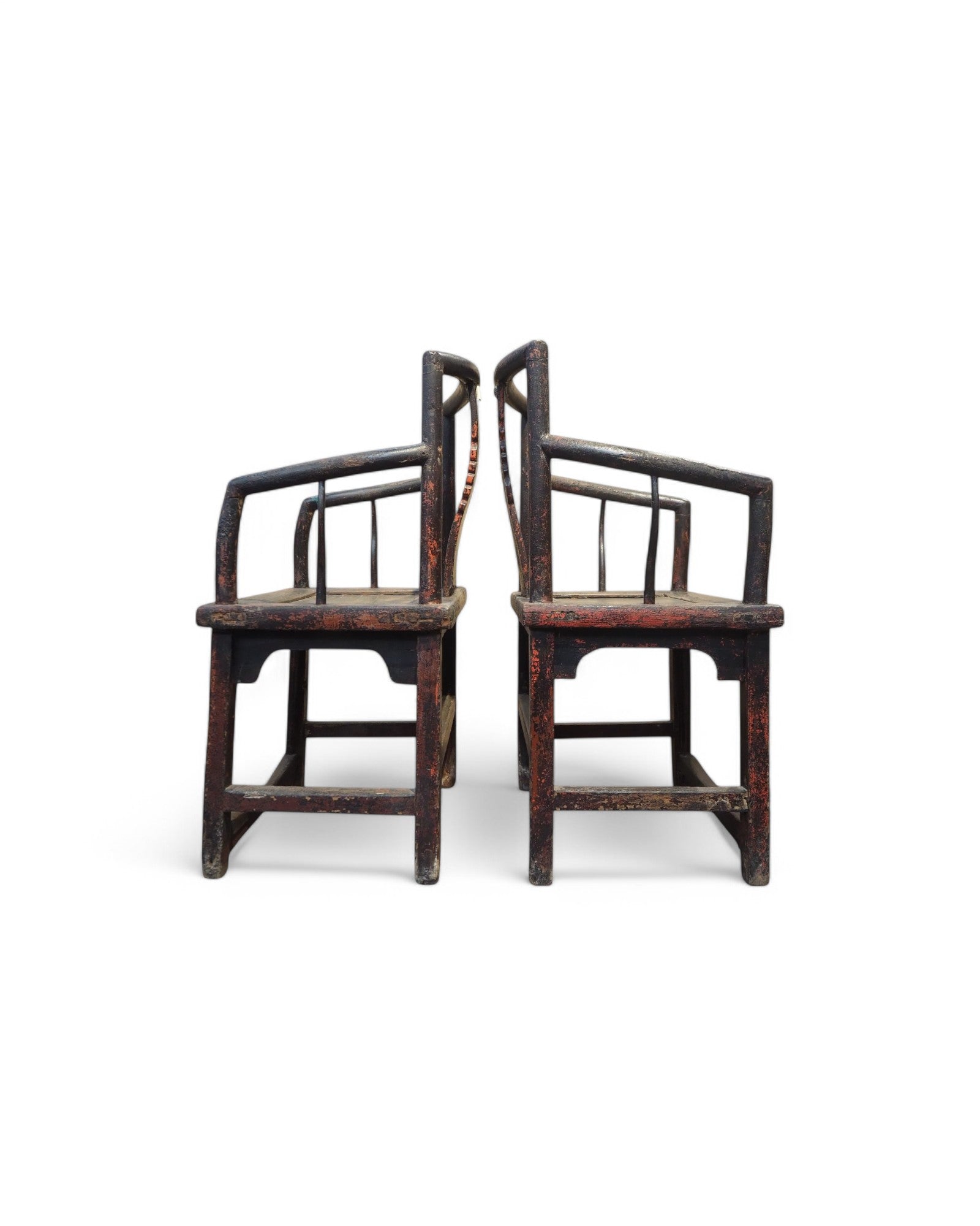 Red Mid Qing Burned Elm Carved Middle Qing Armchairs - Set of 2