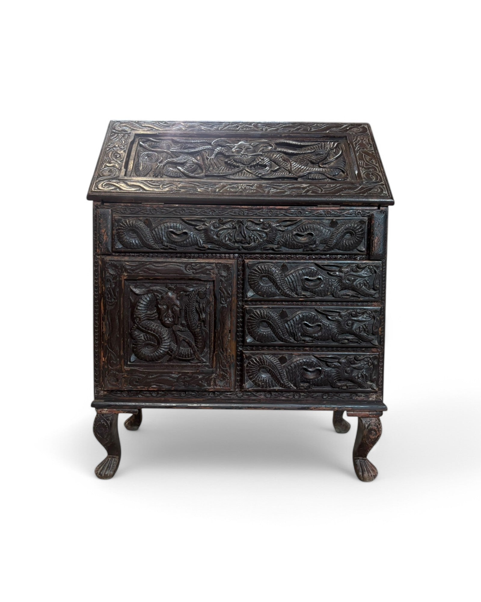 Anglo-Indian Dragon Carved Walnut Antique Bureau Writing Desk