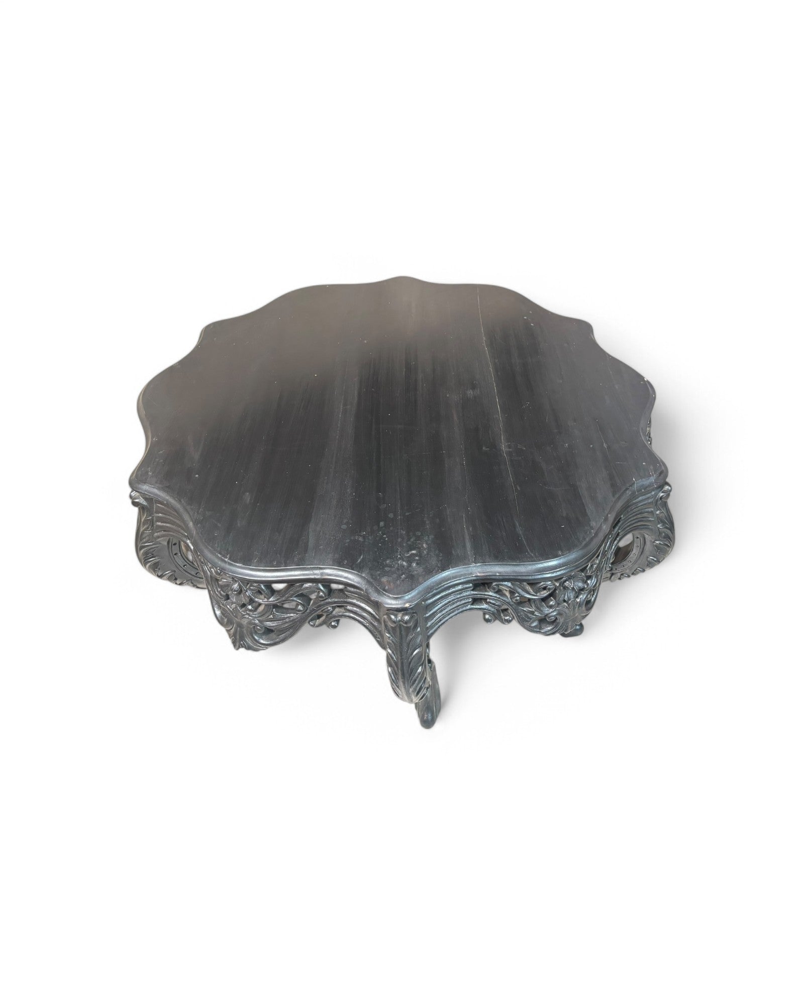 Antique French Rococo Revival Carved Wood Center Table with Ebonized Finish