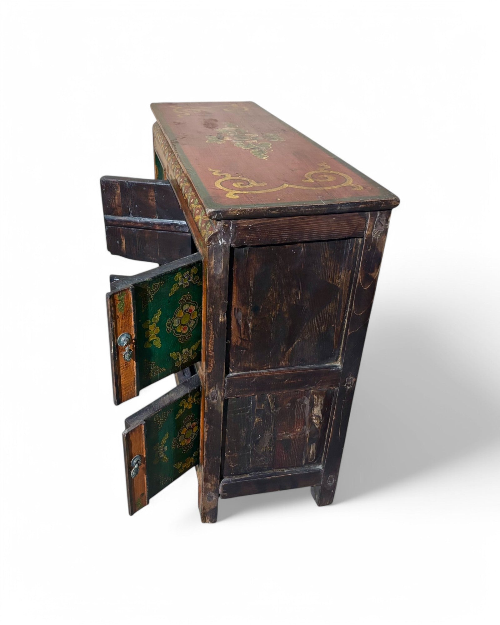 Antique Tibetan Floral Mini Sideboard (Brown Top)