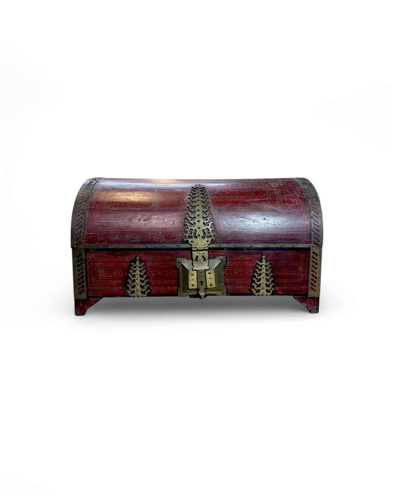 Maroon Indian Ornate Hand Painted Steamer Teak Trunk