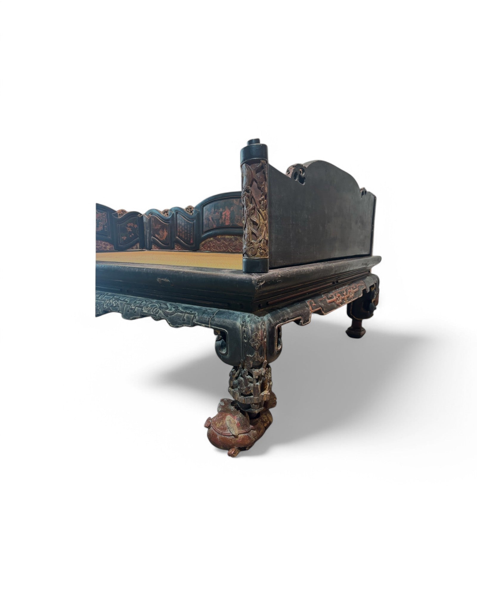 Fujian, Chazhou Black Lacquered Carved Lohan Daybed with Detailed Scenic Paintings