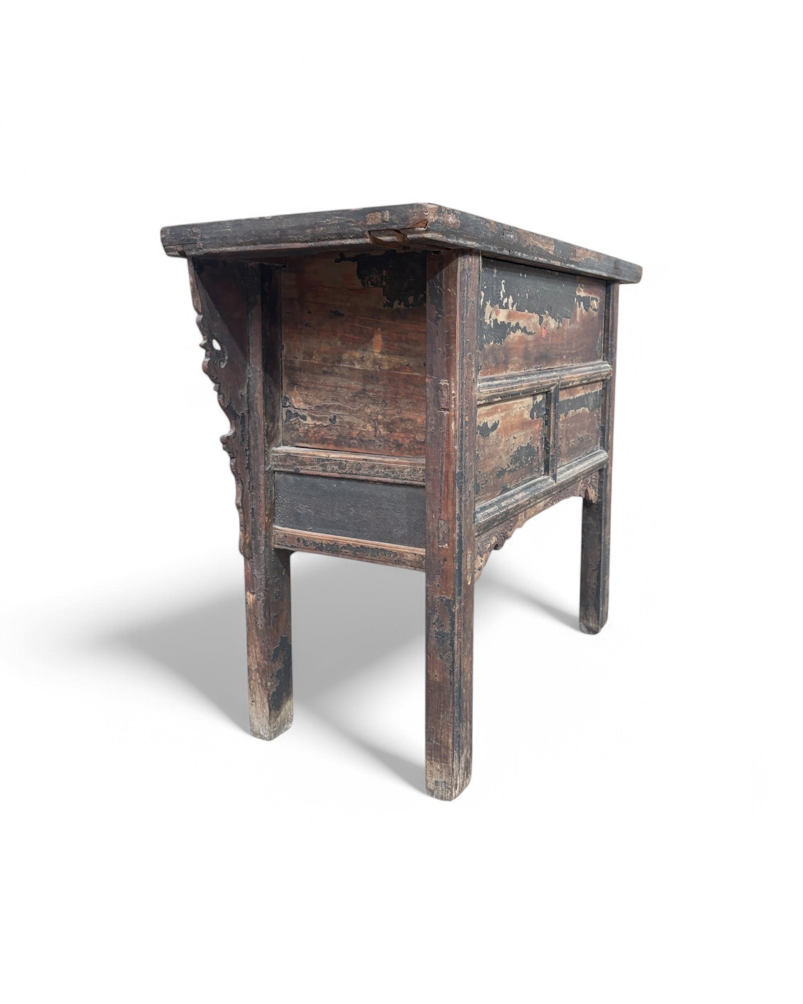 Antique Chinese Distressed Maroon & Black Floral Studded Sideboard