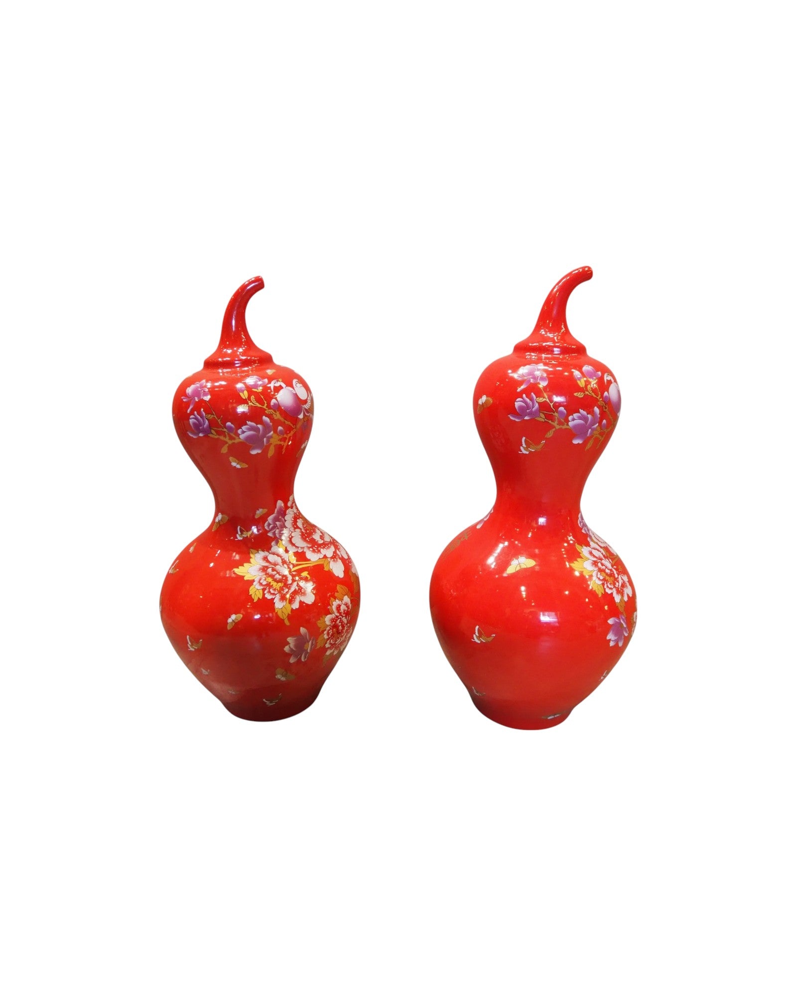 Oriental Red Chili Pepper Ornate Chinese Vases - Set of 2