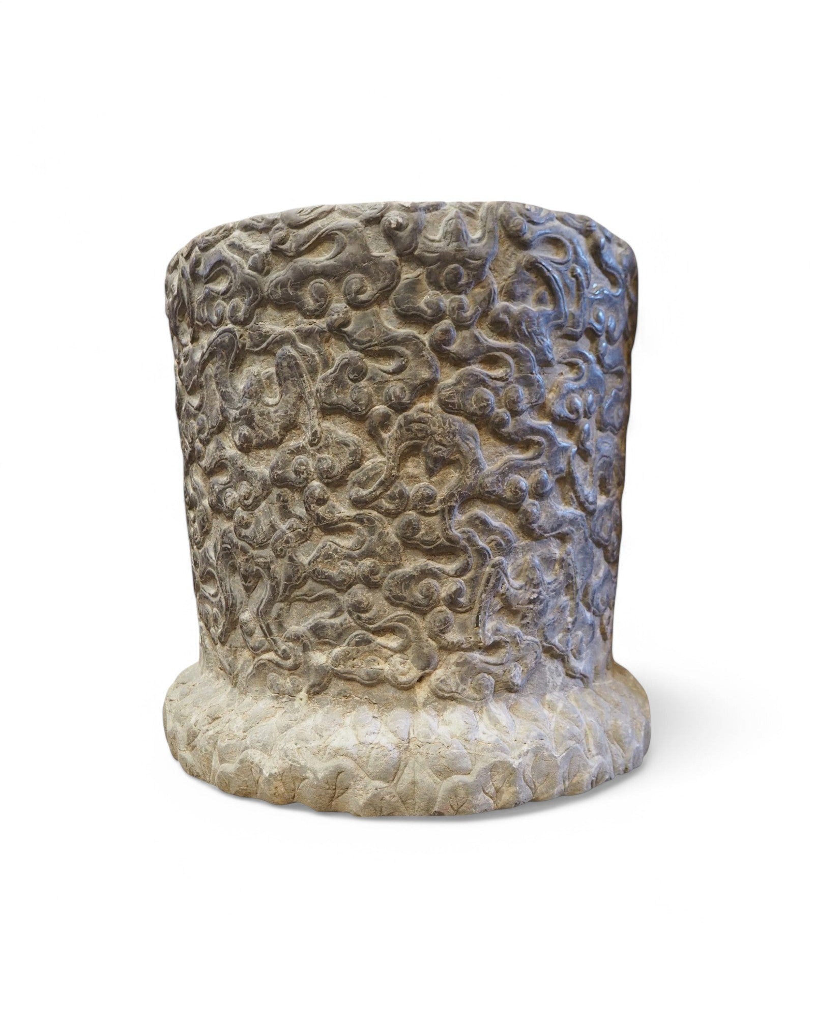 Cylindrical Chinese Limestone Carved Planters - Set of 2