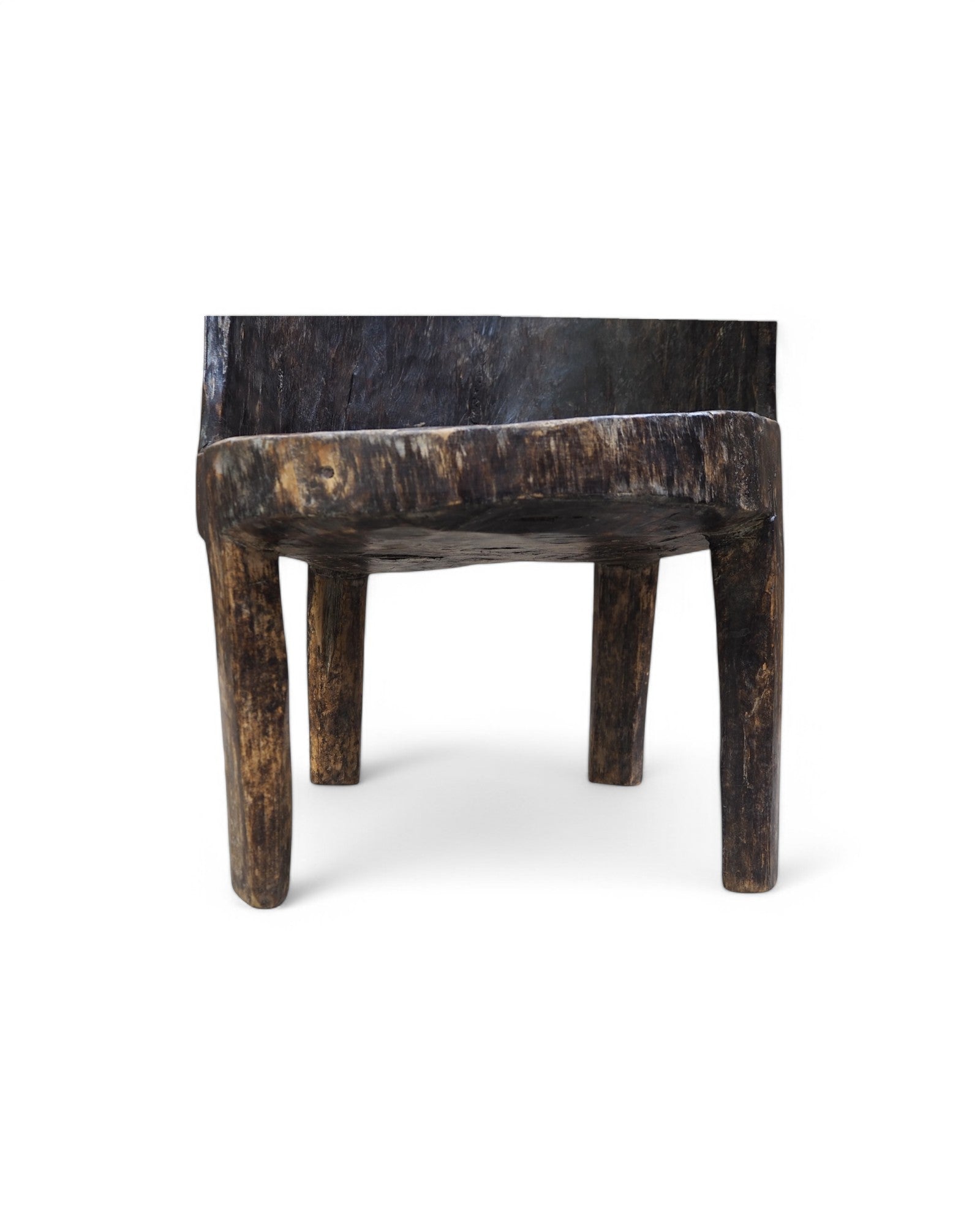 1900s Tribal Hand Carved Low Ornate Chair - Washed Black