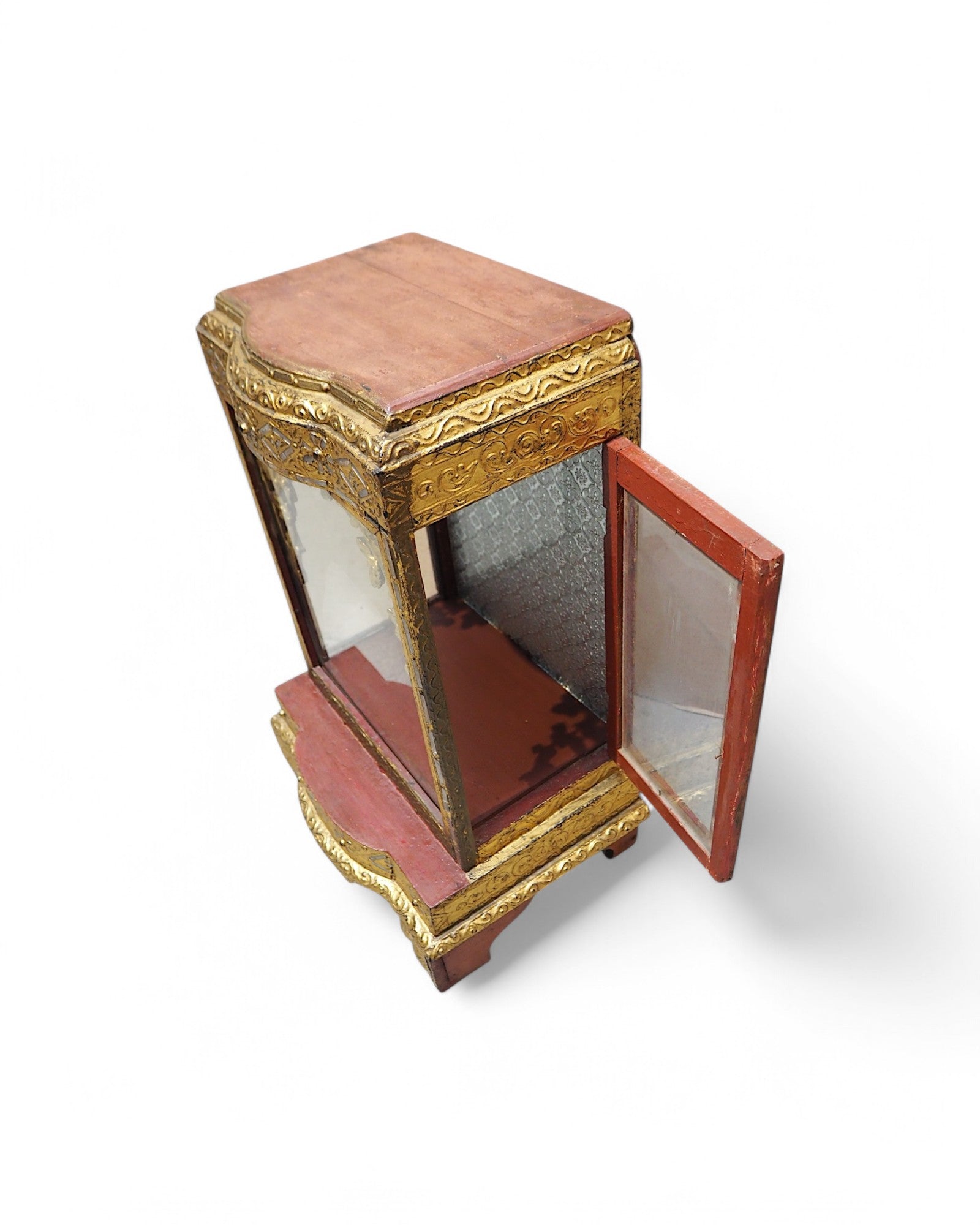 Antique Burmese Wooden Buddha Shrine with Silver Backdrop