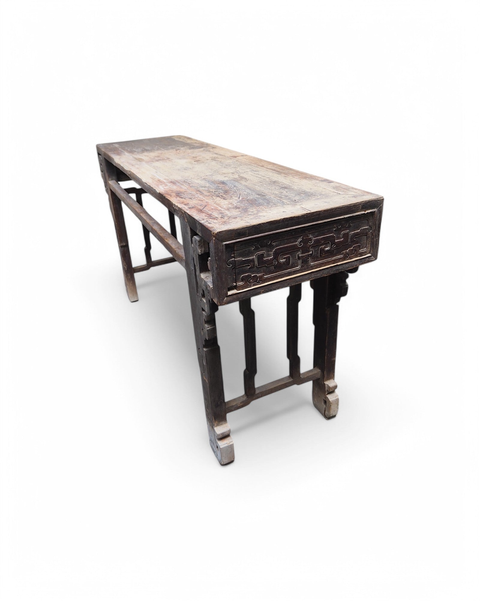 Fujian Elm Black Lacquered Antique Ornate Console Qing Dynasty